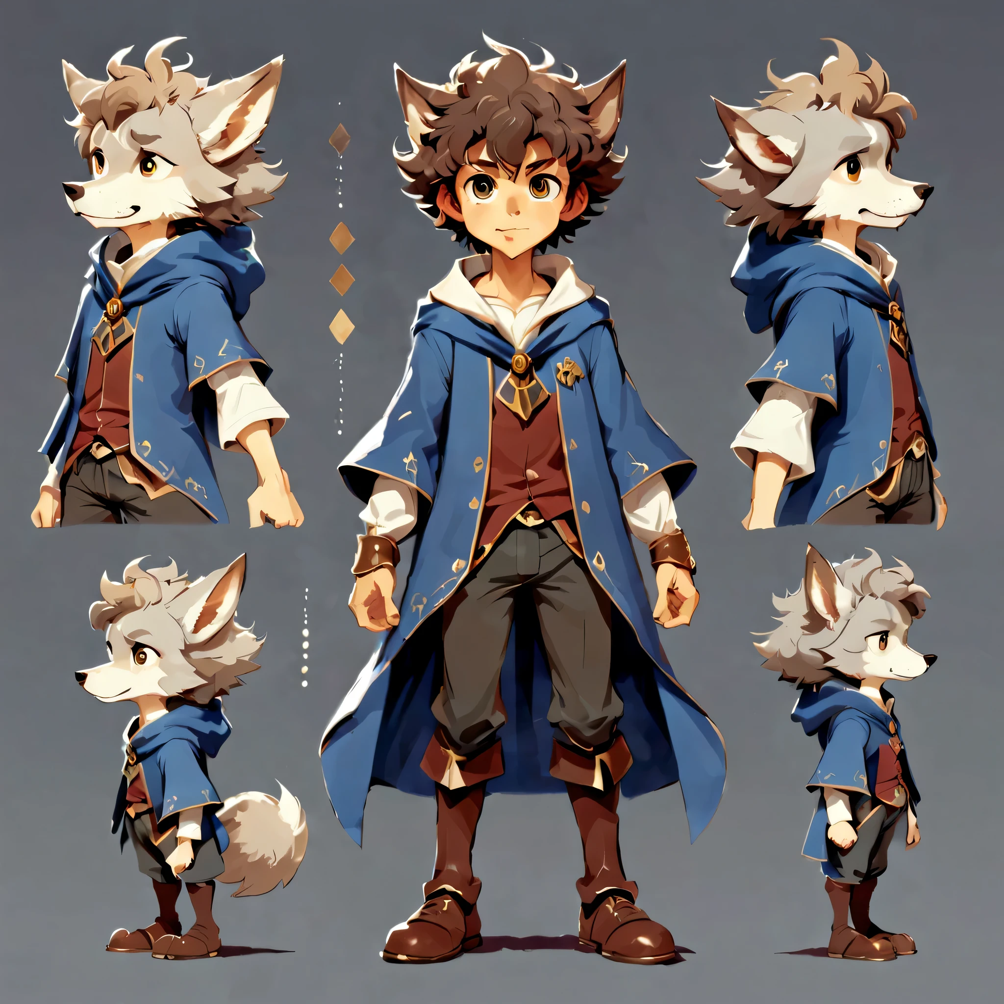 Create an original character design sheet,anime main character,boy,wizard,natural perm,my partner is a wolf,((3 views,whole body, background,multiple views,High resolution)),be familiar with,multiple views,Active,action pose,dynamic,nice,cute,masterpiece,highest quality,In detail,gracefully,sketch,sketch,ラフsketch,propose