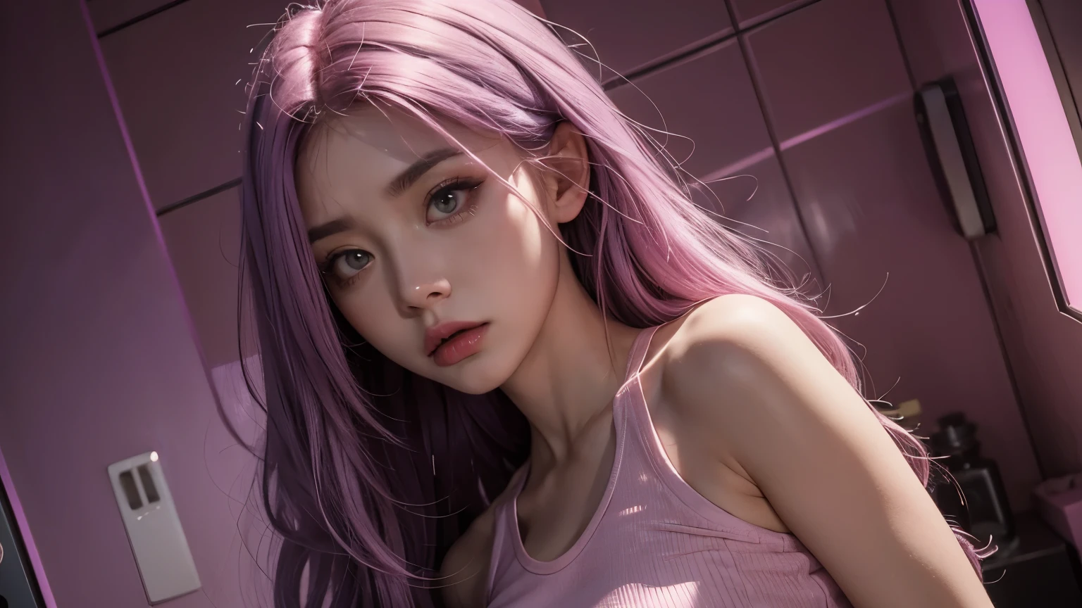 A mad girl with long light pink soft purple hair, perfect big booba , good quality, detailed beauty face, wearing crop top, in the night room, angry girl