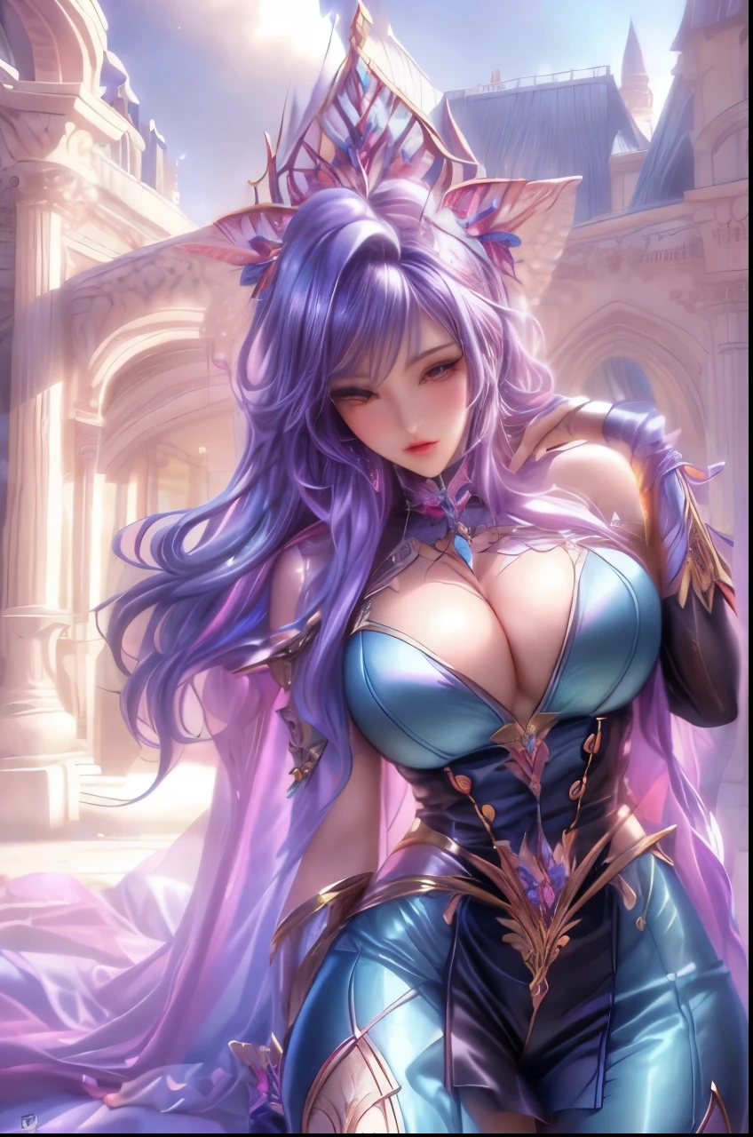 (best quality, realistic, photo-realistic:1.37), vibrant colors, sexy female, oversized breasts and thighs, seductive pose and looks, smooth curves, sensual pose, soft lighting, anime-style, long flowing hair, detailed eyes and lips, alluring gaze, intricate clothing, fantasy backdrop, dreamy atmosphere.