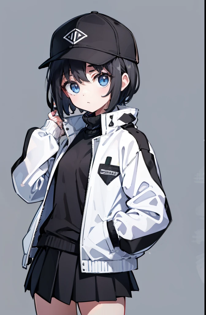 1 girl, alone, blue eyes, (((fine eyes))), flat chest, short hair, black hair, baseball cap, white hat, (Waterproof jacket), Large Jacket, ((black jacket)), skirt, black skirt, black socks, Are standing, (put one&#39;s hand in one&#39;s pocket), ((closed sweater)), Upper body, (white background), transparent background, look at the view, ((masterpiece, figure, highest quality)) 