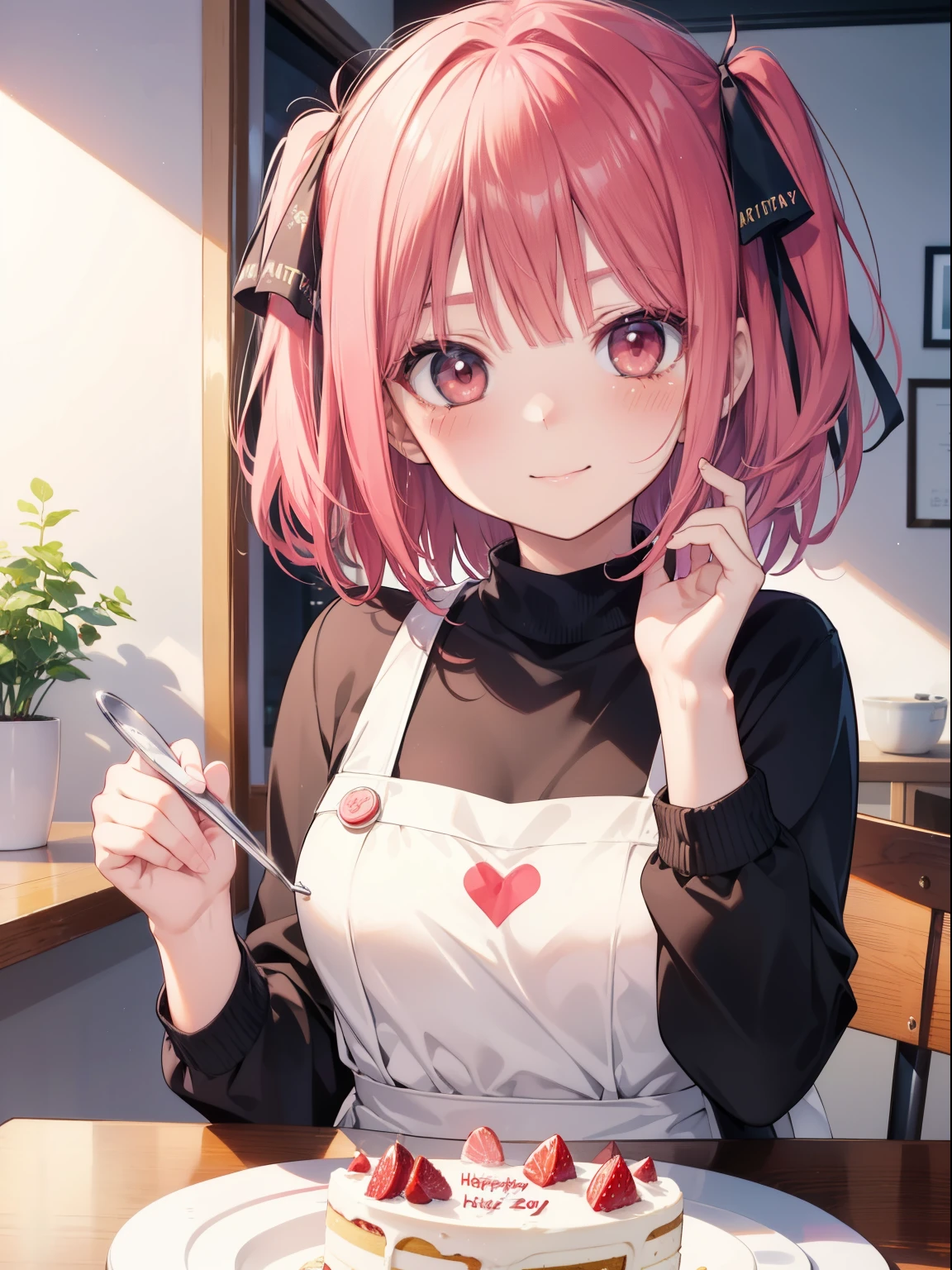 Ruby Hoshino、Good looking girl (big red eyes, blush, perfect face), independent , looking at camera, masterpiece, anime art style, cute characters, most detailed, high quality、Nico Nico Smile、birthday cake、happy birthday、wear an apron at home