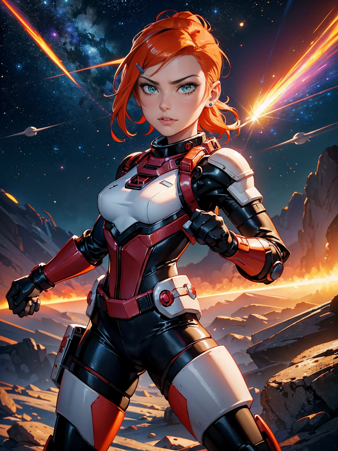 ((1girl, solo, alone, galaxy, gwendolyn_tennyson, smug, shaved side hair, orange hair, medium breasts, wide hips, malicious)), ((pink lipstick, Extremely detailed, ambient soft lighting, 4k, perfect eyes, a perfect face, perfect lighting, a 1girl)) austere, ((((Space Detective, woman, (female exoskeleton), (red and black combat suit, fighting pose), wasteland, action scene, action pose, masterpiece, rich colors, Backlight, beautiful expression, fantasy art, character art, metallic red and silver combat suit)), wet body, ((fitness)), standing, Beautiful))