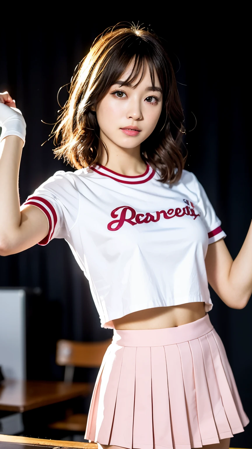 (8k, RAW photo, highest quality, table top:1.2), (realistic, Photoreal:1.37),1 girl, professional lighting, photon mapping, radio city, RAW photo、(Photoreal:1.4)、octane rendering、Ultra-detailed complex 3D renderings, soft light in the studio, rim light, vivid details, super detail, realistic skin texture, details face, beautiful detailed eyes, Highly detailed CG Unity 16k wallpaper, compensate, (detailed background:1.2),big breasts、highest quality, 超A high resolution, table top, 1 girl,brown hair,(short hair), 20-year-old,((Pink Cheergirl、Cheerleader)), cute face、((pleated skirt))、Nogizaka Idol、korean idol、japanese idol