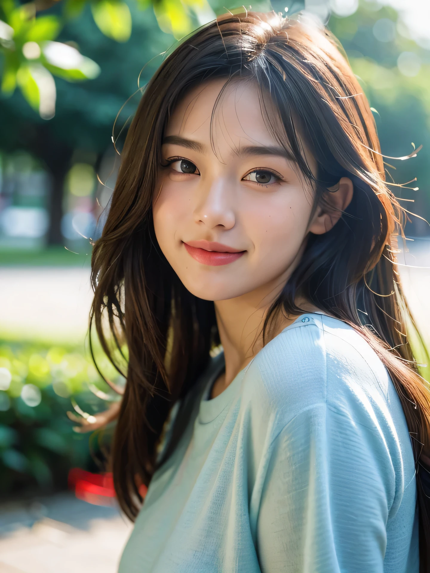 masterpiece, highest quality, RAW photo, 8k, 1 girl, close, cute, Girly, shy, embarrassing, smile, focus on the face, (the face is in focus:1.2) Fine and beautiful skin, Backlight, soft light, luminescent, look away, anatomically correct, medium hair, bangs, Eye and face details, rough skin, professional photography, Bokeh, portrait, professional lighting, alone, film grain, navy shirt,