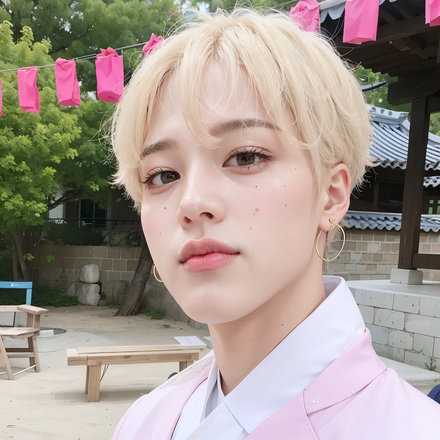 um close up de uma pessoa vestindo uma jaqueta rosa e uma camisa rosa, Jimin\the full lips, park Jimin, Jimin\o nariz grego, accurate Jimin face, Jimin, Jimin\the right eyelid is swollen, Kim Doyoung, Jung Jaehyun, hyung tae, Retrato de Jossi do Blackpink, Hong junho hyung, adorable and pale korean face