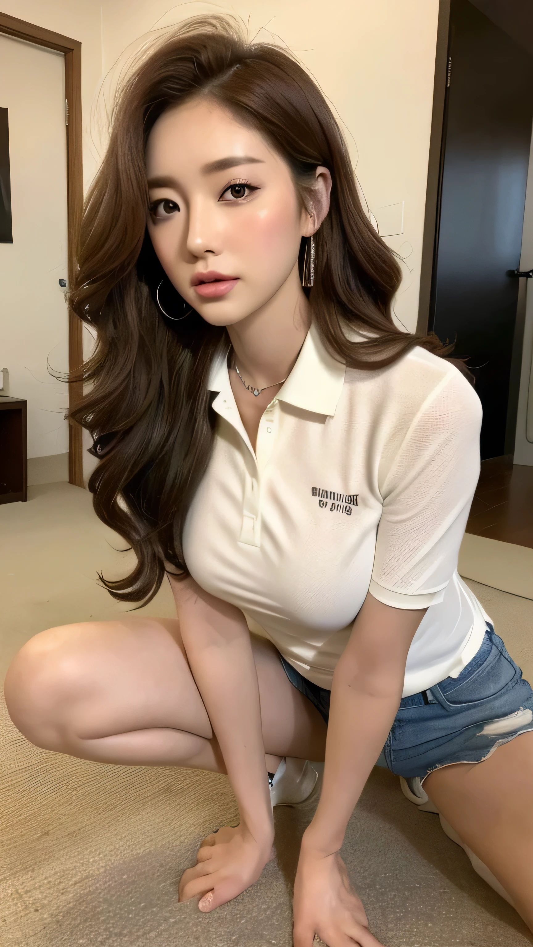 ((best qualtiy, 8K, tmasterpiece:1.3)), Focus:1.2, perfect figure beautiful korean woman:1.4, Cocked buttocks:1.1, ((Random Long Hairstyle) ((Brown Wavy Hair))(Long white legs:1.2,(Polo shirt:1.2) , (inside in room: 1.2), Highly detailed facial and skin texture, A detailed eye, double eyelid,Whiten skin,(Straight big breasts:1.3), looking at camera, Wear a necklace,Wear a earnings, full body, high heels, boots, white high heels