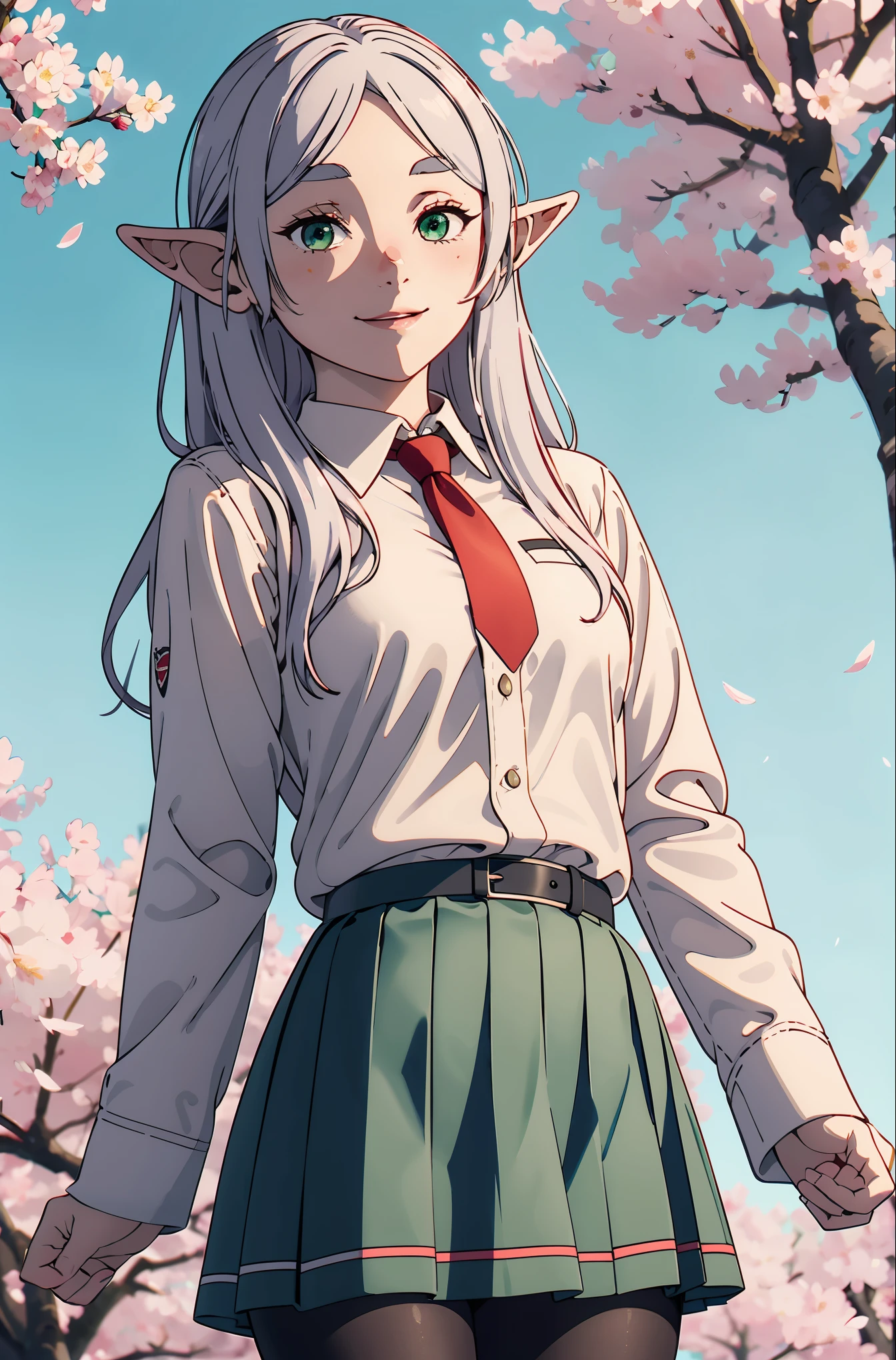 masterpiece, best quality, highres, Frieren, elf girl, blush stickers, medium breasts. school uniform, green skirt, pleated skirt, red necktie, black pantyhose, white shirt, long sleeves, grey jacket, reaching out, smile, cherry blossoms, outdoors, cowboy shot, medium breasts