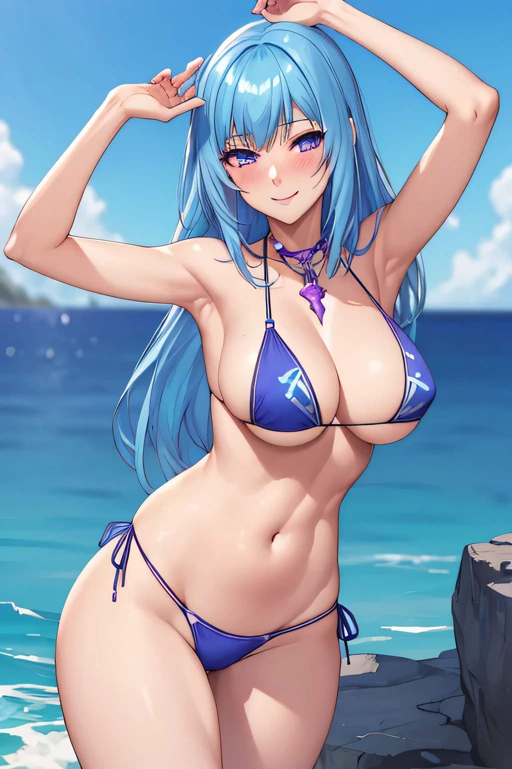 armpit,,(highest quality:1.4), unreal engine,(blue bikini swimsuit:1.1),masterpiece,super resolution, very detailed, 1 female,big breasts, waist, thin, (muscular:0.8) ,blue long hair,purple eyes ,(smile,blush:1.3),in the sea