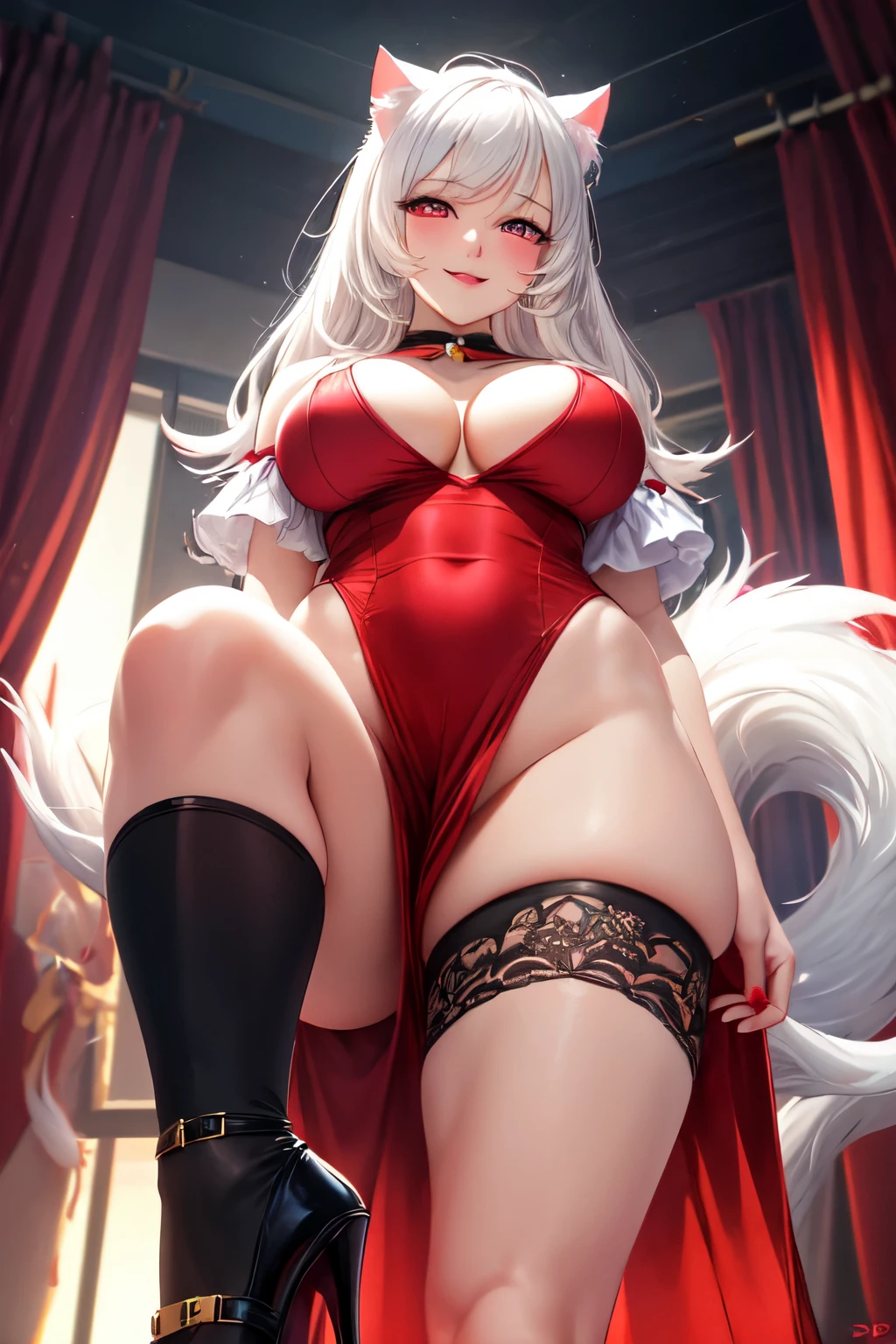 ((best quality)), ((masterpiece)), (detailed), perfect face, white hair, white cat ears, white cat tail, DD cup breasts, thick thighs, crazy love eyes, glowing red eyes, short dress, cleavage showing, smirking, high heels, view from below, standing, demon horns
