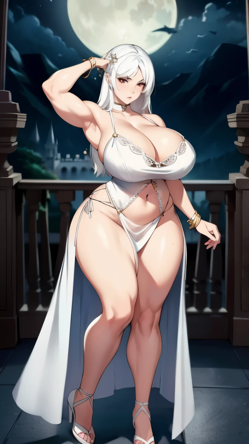 masterpiece, highest quality, (perfect face:1.1) , (high detail:1.1), dramatic, female triplets, , white hair, red eyes, cleavaghair, curvy, large breasts, moon, ough, night, dress, thighs, navel, white dress, laced choker, bare shoulders, wide hips, thick thighs, lips, covered, laced robe, pelvic curtain, laced pelvic curtain, toned pelvis, toned hips, milky hips, navel piercings, body piercings, huge breasts, muscles, big thigh muscles, bruised knees, white Heels, white sandals, armpit hair, castle, detailed background, art by artgerm and greg rutkowski, cinematic lighting