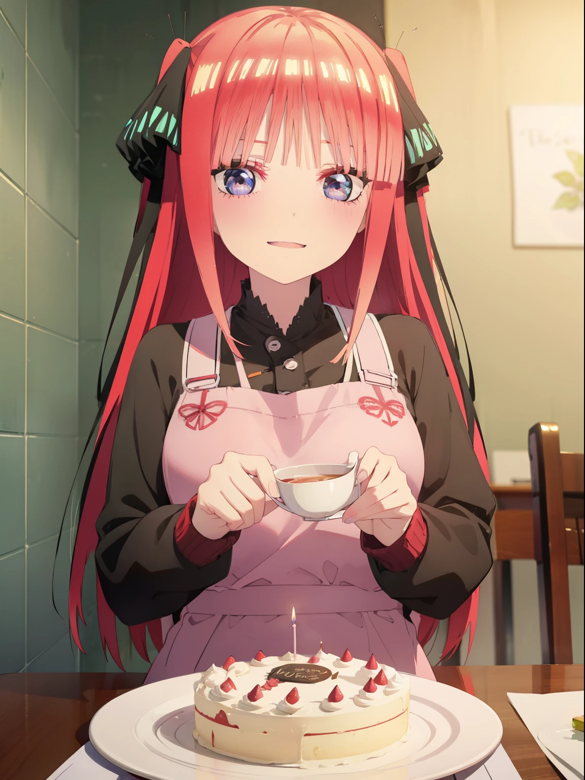 Ruby Hoshino、Good looking girl (big red eyes, blush, perfect face), independent , looking at camera, masterpiece, anime art style, cute characters, most detailed, high quality、Nico Nico Smile、birthday cake、happy birthday、wear an apron at home