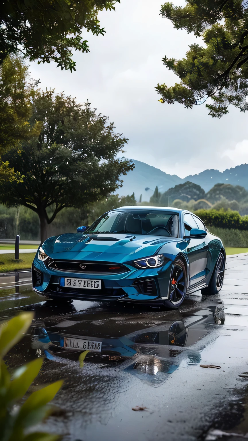 Generate a hyper-realistic, detailed front view of a classic muscle car with a supercharger, modified for peak performance. Place the car on a beautiful, long, wet road during a rainy day with intermittent sunshine. Emphasize the vibrant colors of the surroundings, showcasing the reflections on the wet surface. Ensure the scene is set during daytime, allowing for the play of sunlight and raindrops. Opt for a close front view, highlighting the intricate details of the modified elements, the car's front facade, and the surrounding environment. Pay meticulous attention to the ground, adding small rocks and scattered leaves to enhance the realism of the scene. Prioritize vivid colors, dynamic lighting, and detailed realism to create a visually stunning and immersive AI-generated image.