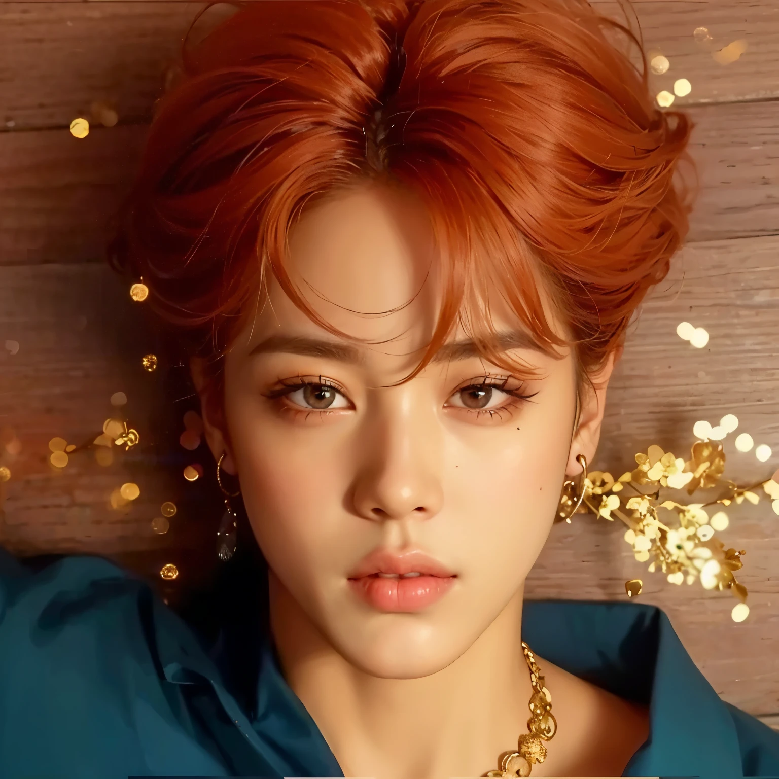 um close de uma pessoa com cabelo ruivo e um colar, Jimin\o nariz grego, park Jimin, Jimin, Jimin\the full lips, accurate Jimin face, Jimin\the right eyelid is swollen, Jung Jaehyun, kpop idol portrait, Kim Doyoung, Cai Xukun, inspirado em Yanjun Cheng, your eyes are red and glowing