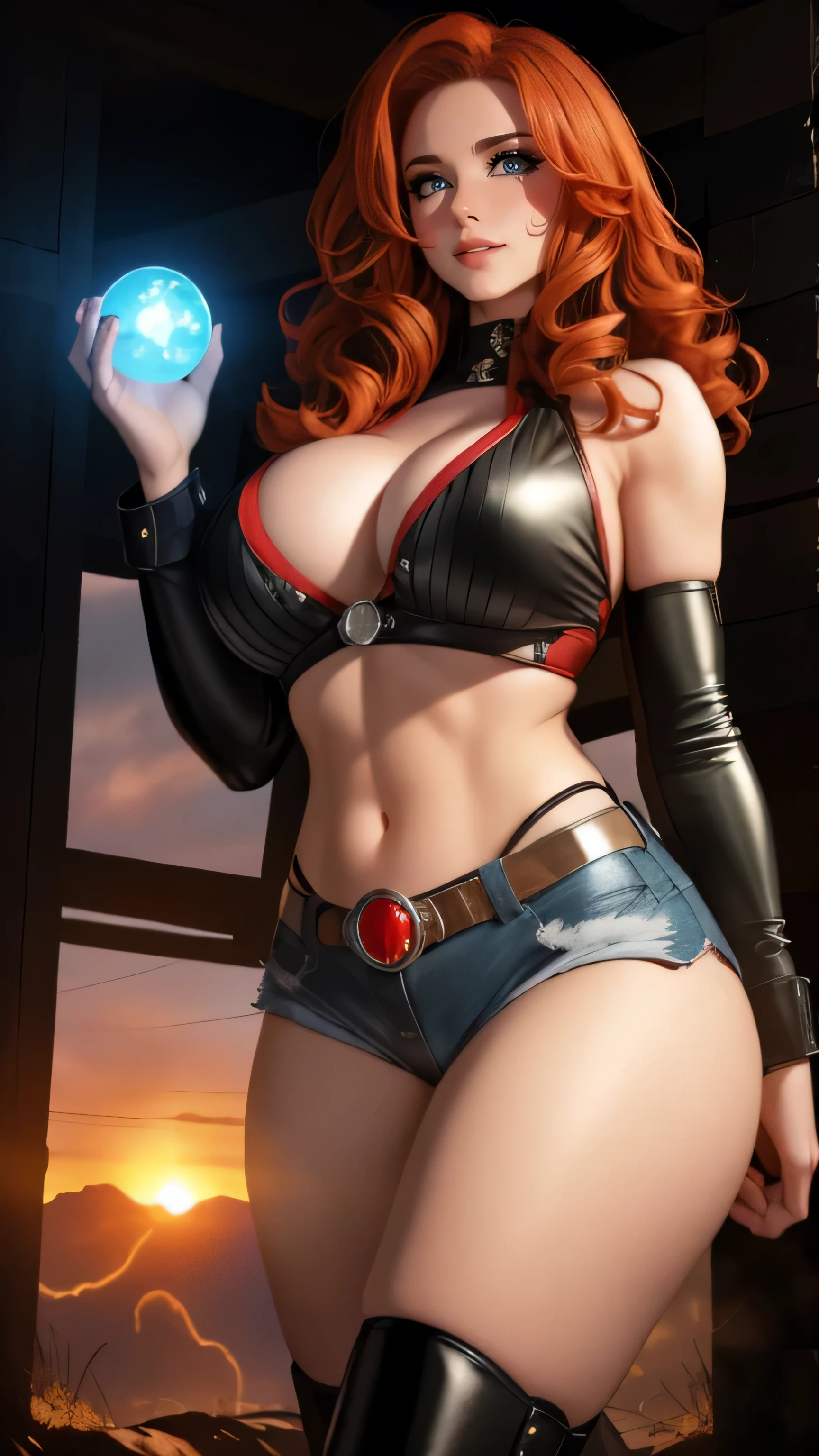 boots and (a) whip, holding a (glowing,energy) orb in her hand, standing in a desolate (wild) west landscape under a dramatic (sunset) sky. The cowgirl has (fiery) red hair, (mesmerizing) green eyes, and wears a (tight,fitting) black leather outfit with (silver) studs. Her lips are painted in a (deep,scarlet) red color, adding to her seductive appearance. The scene is illuminated by a (warm) golden light, casting long shadows on the gritty ground. The cowgirl exudes confidence and power, ready to unleash her (sinister) plans onto the world.