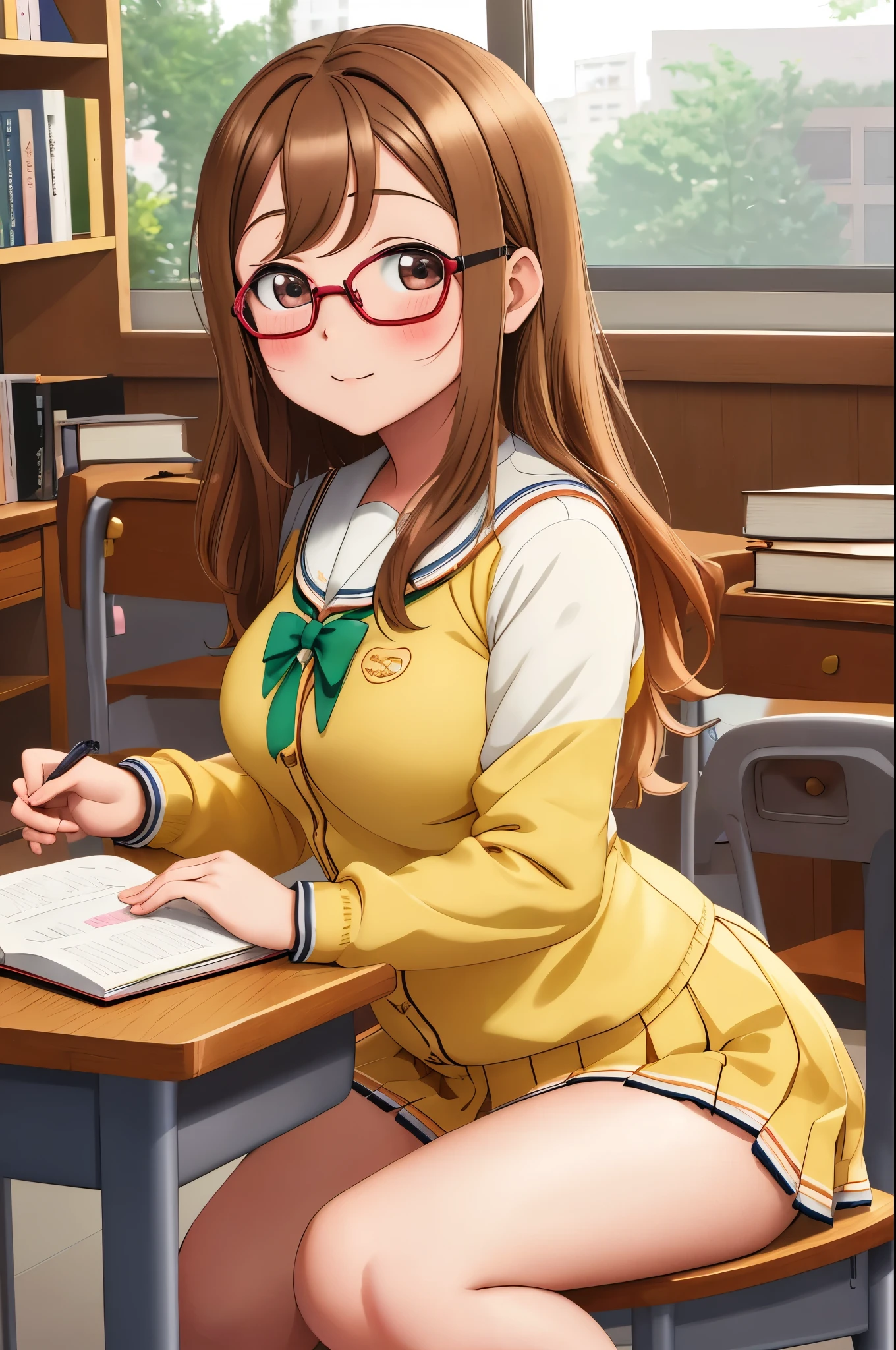 masterpiece, best quality,  girl,(kunikida hanamaru:0.999), (chibi:1.2), (breasts:0.878),(brown hair:0.875), (looking at viewer:0.699), (big breasts:1.0), curvy body,blush, bangs, white school uniform, sitting in class,books, O-shaped glasses 