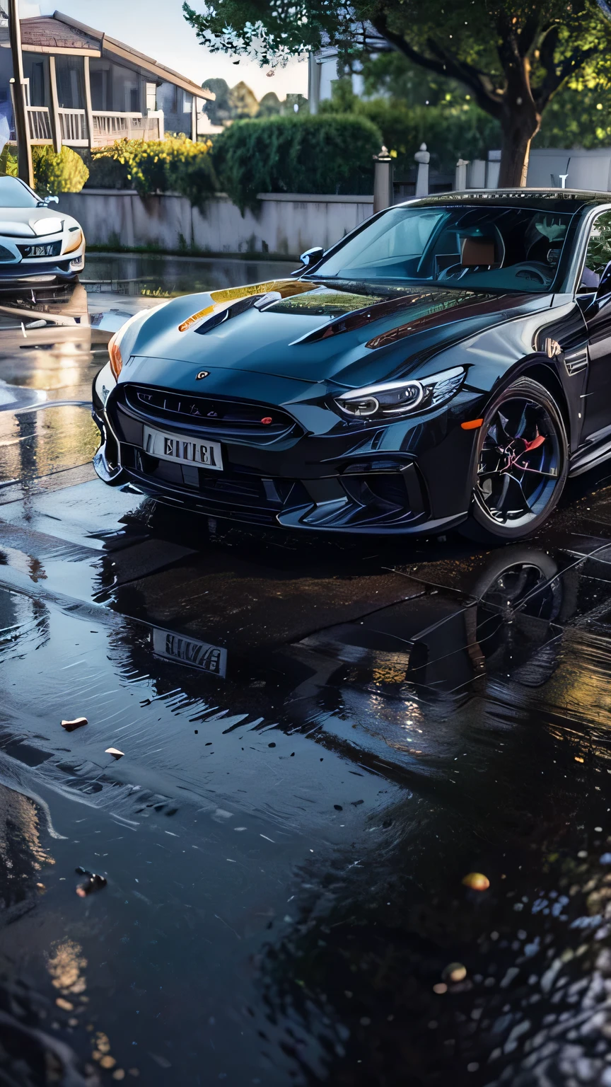 Generate a hyper-realistic, detailed front view of a classic muscle car with a supercharger, modified for peak performance. Place the car on a beautiful, long, wet road during a rainy day with intermittent sunshine. Emphasize the vibrant colors of the surroundings, showcasing the reflections on the wet surface. Ensure the scene is set during daytime, allowing for the play of sunlight and raindrops. Opt for a close front view, highlighting the intricate details of the modified elements, the car's front facade, and the surrounding environment. Pay meticulous attention to the ground, adding small rocks and scattered leaves to enhance the realism of the scene. Prioritize vivid colors, dynamic lighting, and detailed realism to create a visually stunning and immersive AI-generated image.