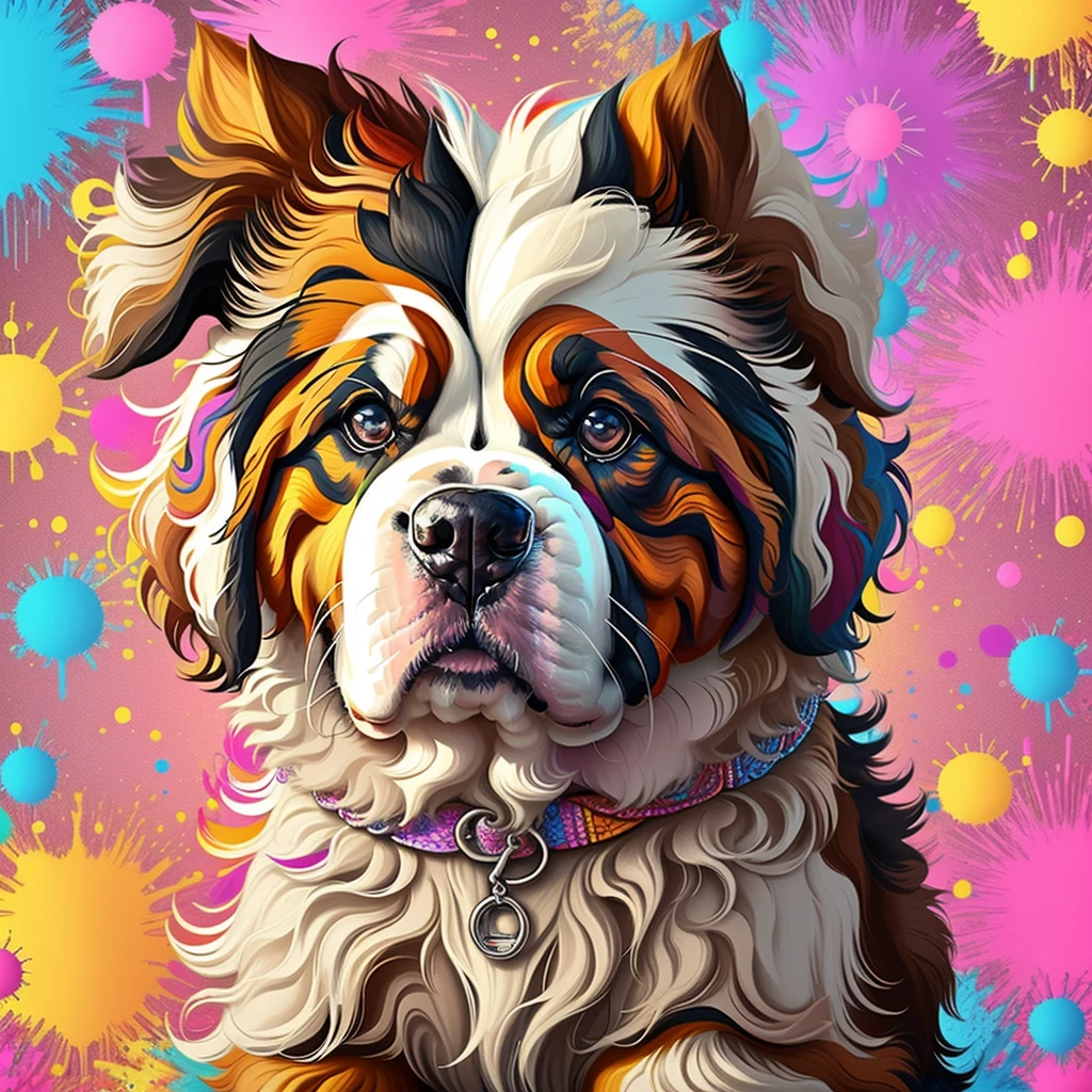(Cachorro saint-bernard de pelos curtos brancos e pretoelhor pose),(best angle), (better expression), Eduardo Kobra acolchoamento ,multidimensional geometric wall PORTRAIT, arte, Chibi, Yang08k, lindo, Colouring, Primary works, qualidade superior, melhor qualidade, Arte Oficial, Beautiful and Aesthetic, pelos coloridos,