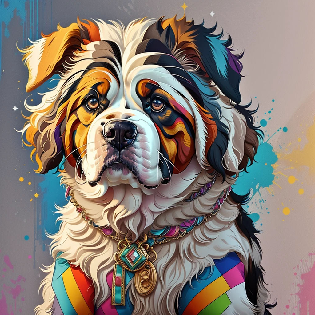 (Cachorro saint-bernard de pelos curtos brancos e pretoelhor pose),(best angle), (better expression), Eduardo Kobra acolchoamento ,multidimensional geometric wall PORTRAIT, arte, Chibi, Yang08k, lindo, Colouring, Primary works, qualidade superior, melhor qualidade, Arte Oficial, Beautiful and Aesthetic, pelos coloridos,
