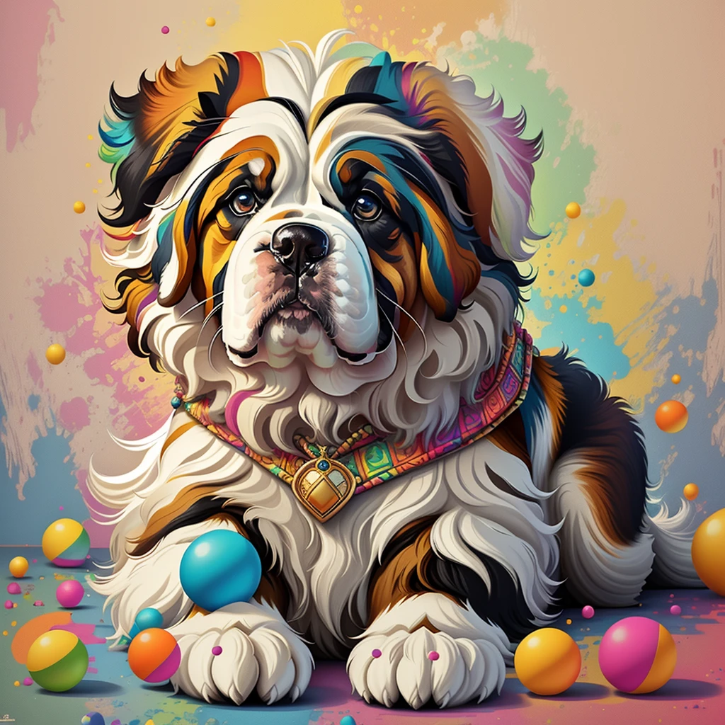 (Cachorro saint-bernard de pelos curtos brancos e pretoelhor pose),(best angle), (better expression), Eduardo Kobra acolchoamento ,multidimensional geometric wall PORTRAIT, arte, Chibi, Yang08k, lindo, Colouring, Primary works, qualidade superior, melhor qualidade, Arte Oficial, Beautiful and Aesthetic, pelos coloridos,