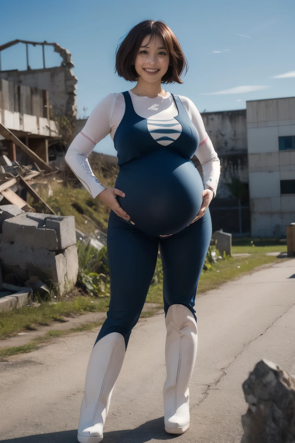 masterpiece, best quality, highres, hmochako, blush stickers, short hair, pixie cut, huge breasts, ((huge pregnant:1.3)), superhero, bodysuit, boots, ruins, building, fighting stance, hand on hip, wide hips, thick thighs ((curvy)), latex suit, sexy, smile, sensual