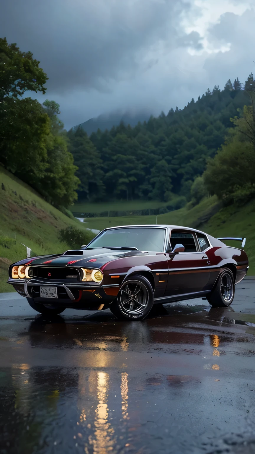 Generate a hyper-realistic, detailed front view of a classic muscle car with a supercharger, modified for peak performance. Place the car on a beautiful, long, wet road during a rainy day with intermittent sunshine. Emphasize the vibrant colors of the surroundings, showcasing the reflections on the wet surface. Ensure the scene is set during daytime, allowing for the play of sunlight and raindrops. Opt for a close front view, highlighting the intricate details of the modified elements, the car's front facade, and the surrounding environment. Pay meticulous attention to the ground, adding small rocks and scattered leaves to enhance the realism of the scene. Prioritize vivid colors, dynamic lighting, and detailed realism to create a visually stunning and immersive AI-generated image.