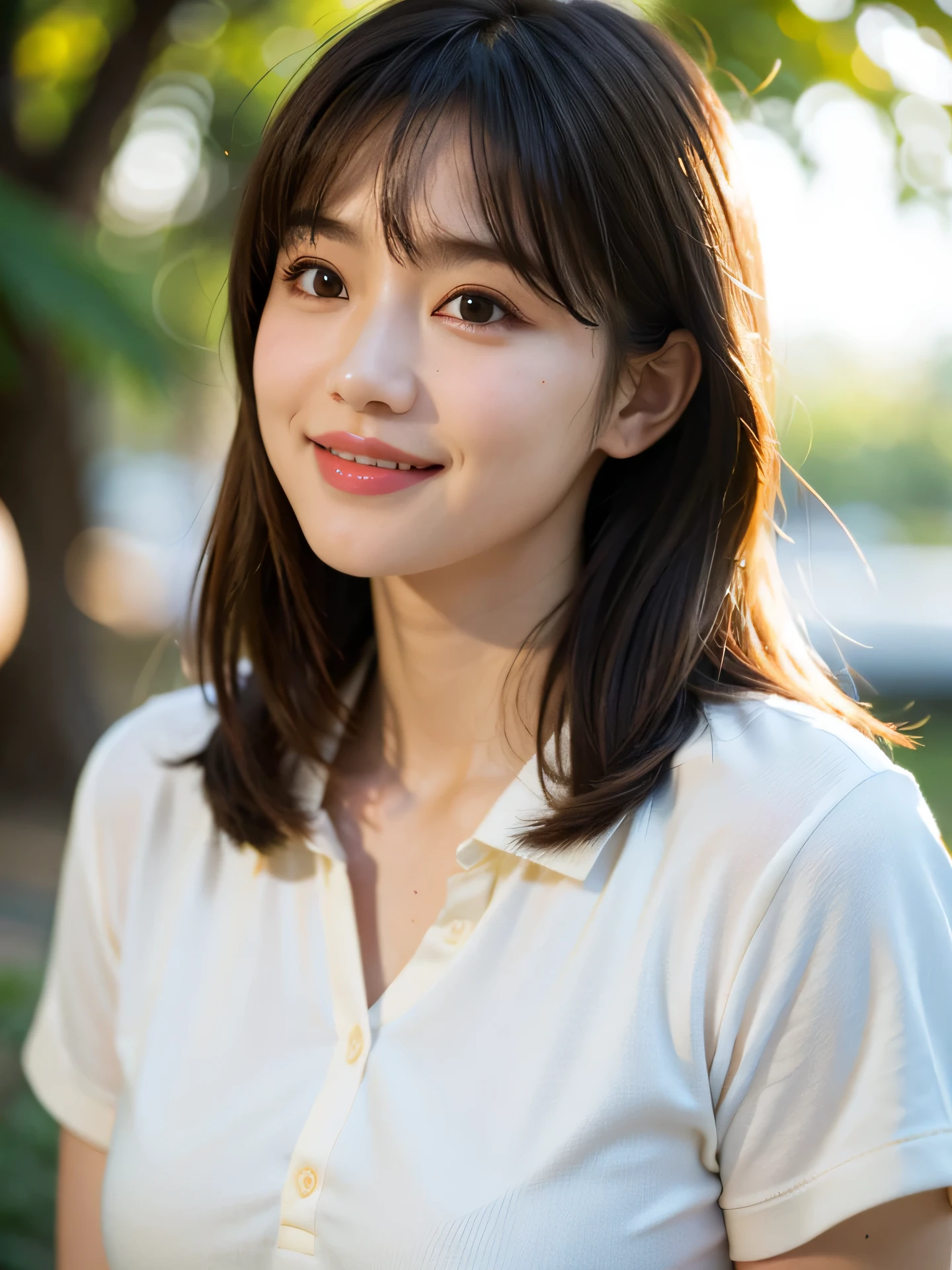 masterpiece, highest quality, RAW photo, 8k, 1 girl, close, cute, Girly, shy, embarrassing, smile, focus on the face, (the face is in focus:1.2) Fine and beautiful skin, Backlight, soft light, luminescent, look away, anatomically correct, medium hair, bangs, Eye and face details, rough skin, professional photography, Bokeh, portrait, professional lighting, alone, film grain, navy shirt,