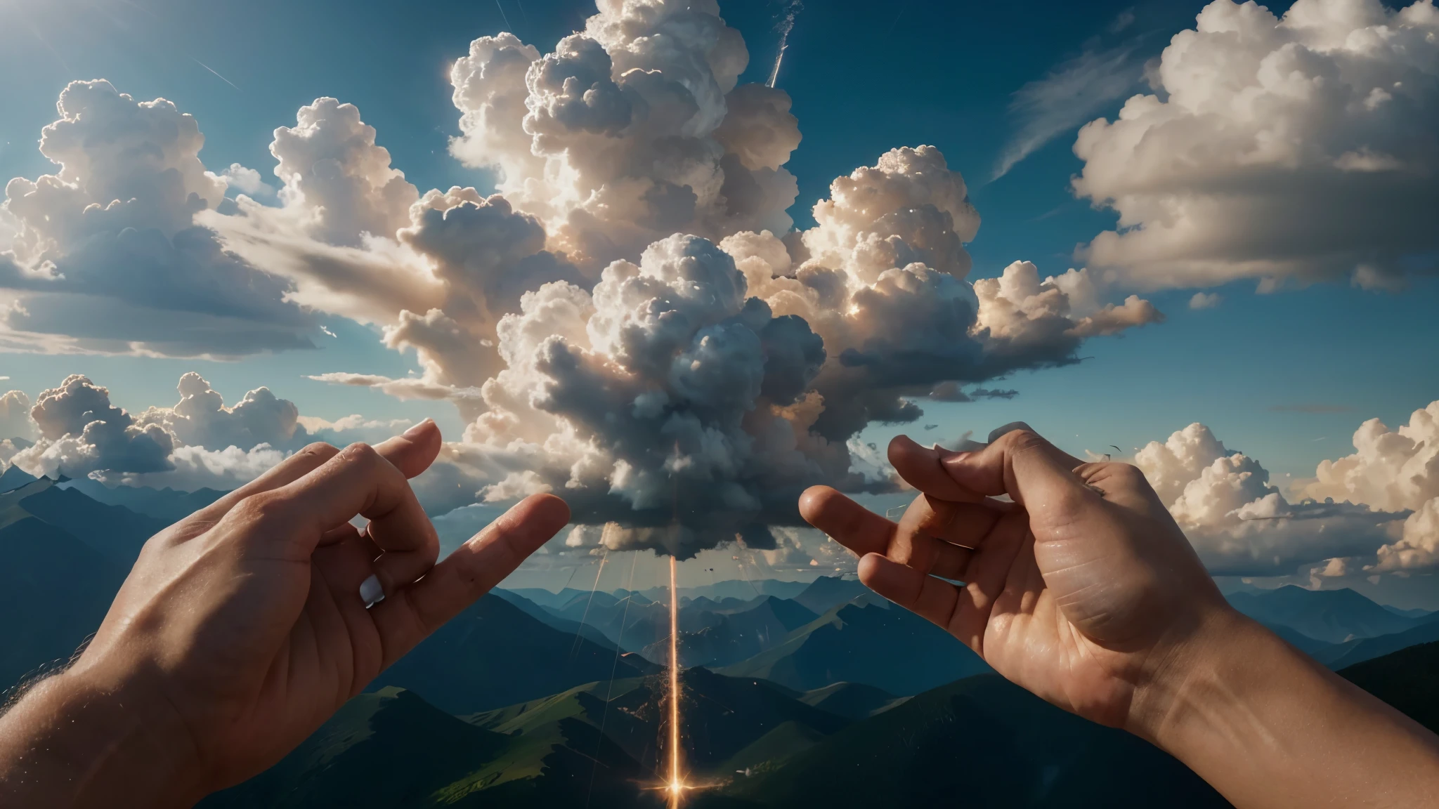 Create a hyper-realistic and highly detailed visual representation of an awe-inspiring scene. Picture a divine hand, intricately crafted from clouds (cloud-formed), emerging majestically from the sky. This ethereal hand, with precisely formed fingers (five distinct fingers), delicately diverts a barrage of missiles destined for Earth. Each finger should be outlined with precision and wrapped in a radiant, ethereal glow. The clouds forming the hand should convey a sense of divine craftsmanship and power, and the overall scene should emphasize the dramatic impact of celestial intervention. Ensure the image is in 8K resolution to capture every nuance of this extraordinary moment. The emphasis is on realism, with each cloud meticulously crafted to portray the profound nature of this divine intervention. Feel free to add symbolic elements that reinforce the overarching message of peace, security, and the triumph of transcendence over imminent threats.