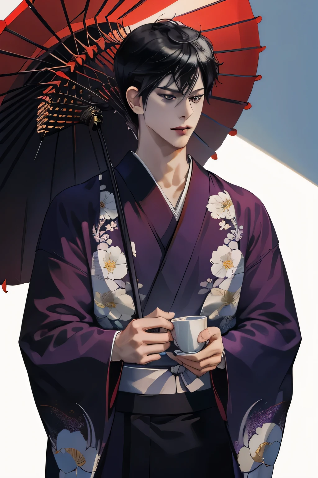 ((Masterpiece))), (((Best quality))), ((ultra detailed)),Hibari Kyoya, black hair, short hair, Grown man, Male, cold personality, traditional purple kimono
