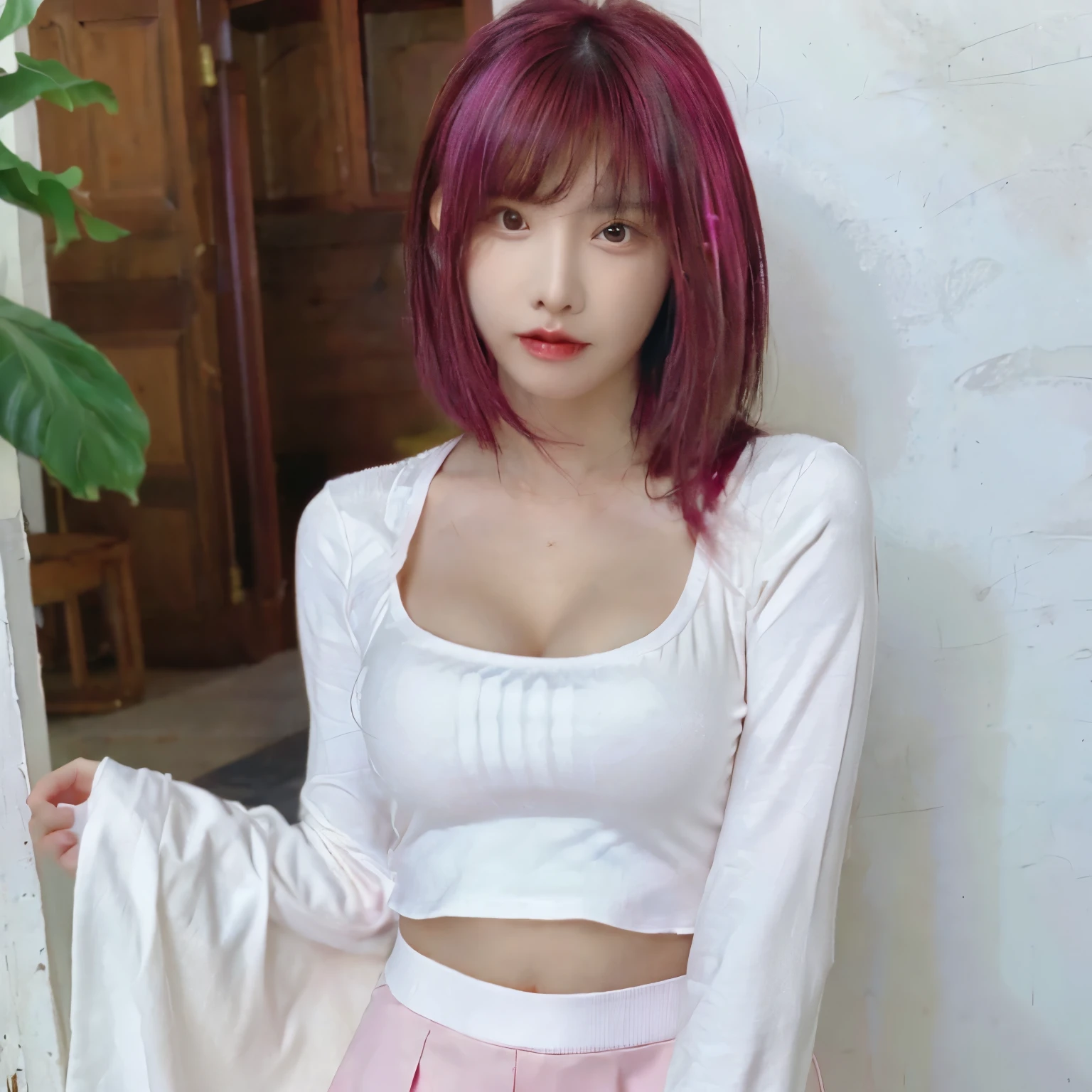 Very beautiful girls with small breasts and a prominent body, pink hair, white top, white skirt, white short shirt, Fashion model body Small, tight chest 