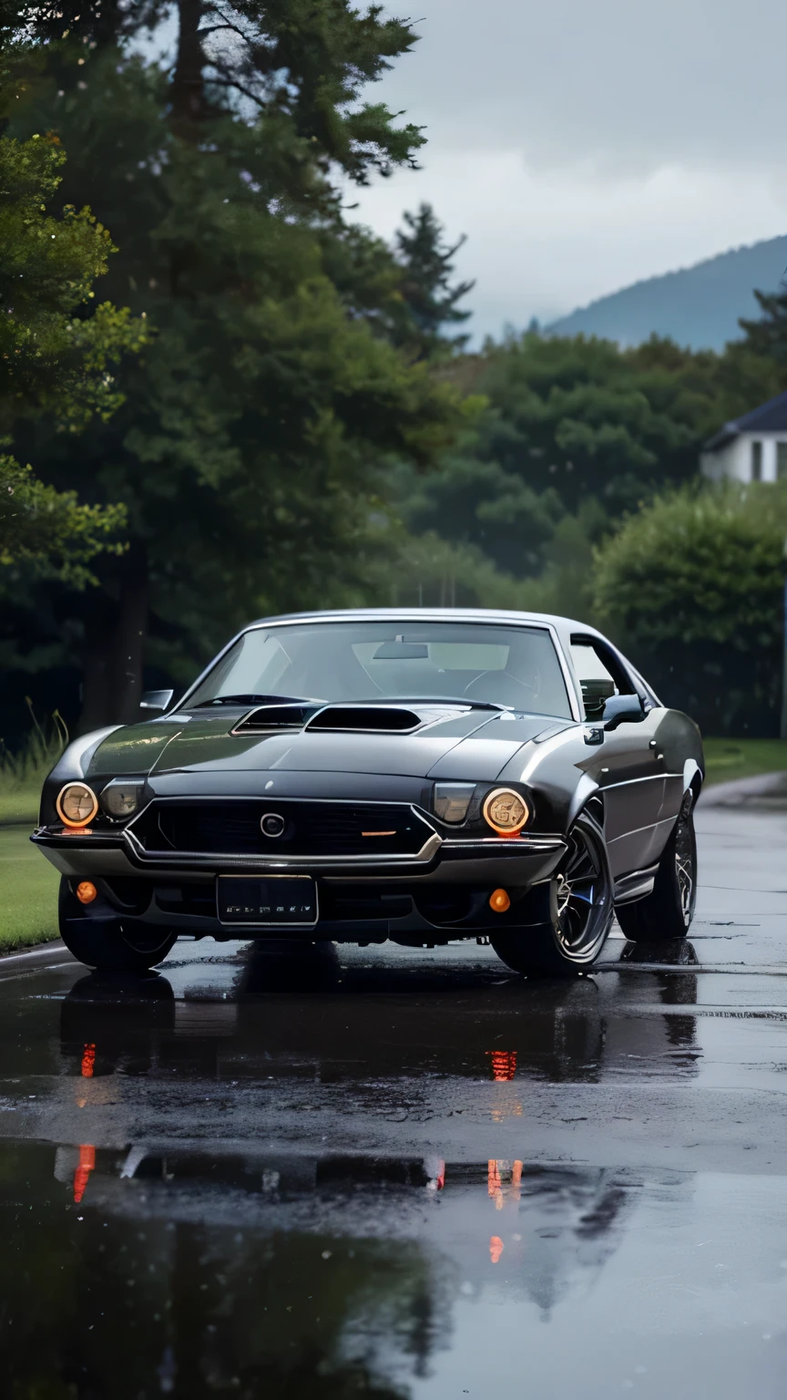 Generate a hyper-realistic, detailed front view of a classic muscle car with a supercharger, modified for peak performance. Place the car on a beautiful, long, wet road during a rainy day with intermittent sunshine. Emphasize the vibrant colors of the surroundings, showcasing the reflections on the wet surface. Ensure the scene is set during daytime, allowing for the play of sunlight and raindrops. Opt for a close front view, highlighting the intricate details of the modified elements, the car's front facade, and the surrounding environment. Pay meticulous attention to the ground, adding small rocks and scattered leaves to enhance the realism of the scene. Prioritize vivid colors, dynamic lighting, and detailed realism to create a visually stunning and immersive AI-generated image.