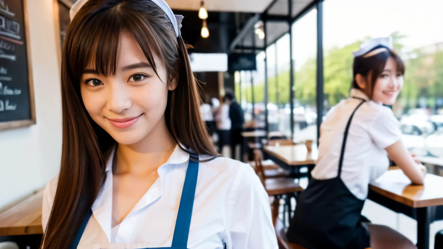 ((最high quality, 8k, masterpiece: 1.3)), perfect face,This is a full-length portrait of a beautiful model-like woman working in a miniskirt and apron at a cafe where uniforms are characterized by ., sharp focus, Sexy 1.2, , fine eyes, Beautiful eyes with long slits, double eyelid, (cat face), (cute Face), cute Smile, (close your mouth), (cute), soft skin, Show the whole body, surreal, super detailed, high quality, (Beautiful college girl working as a waitress in a cafe), ((詳細な非常にcute女子大生)), ((My breasts are hidden but big enough to be seen through my clothes)),A look and a smile as if staring at her boyfriend,An angle where you can see her beautiful thighs from under the apron and miniskirt