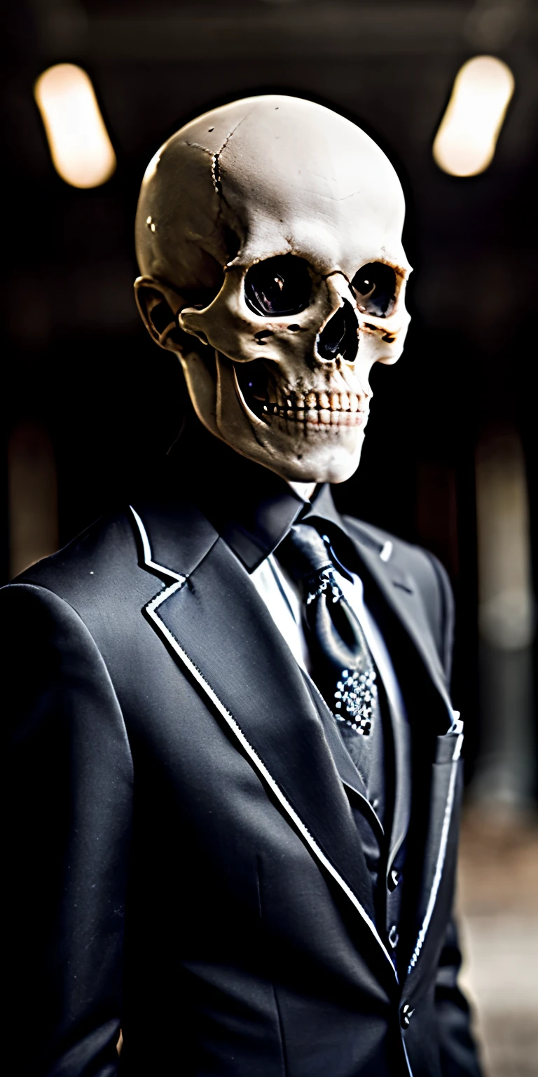 portrait of skeleton, wearing black suit, cinematic lighting, depth of field, bokeh, realism, photorealistic, hyperrealism, professional photography, uhd, dslr, hdr