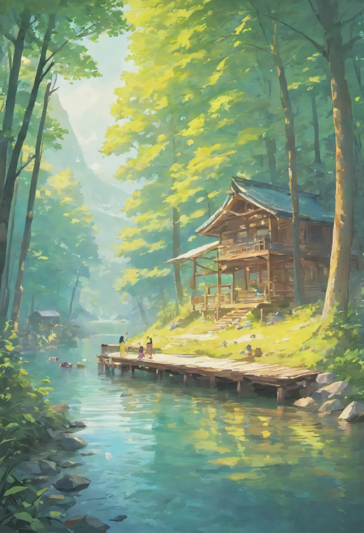 Draw a summer camp environment by a lake.