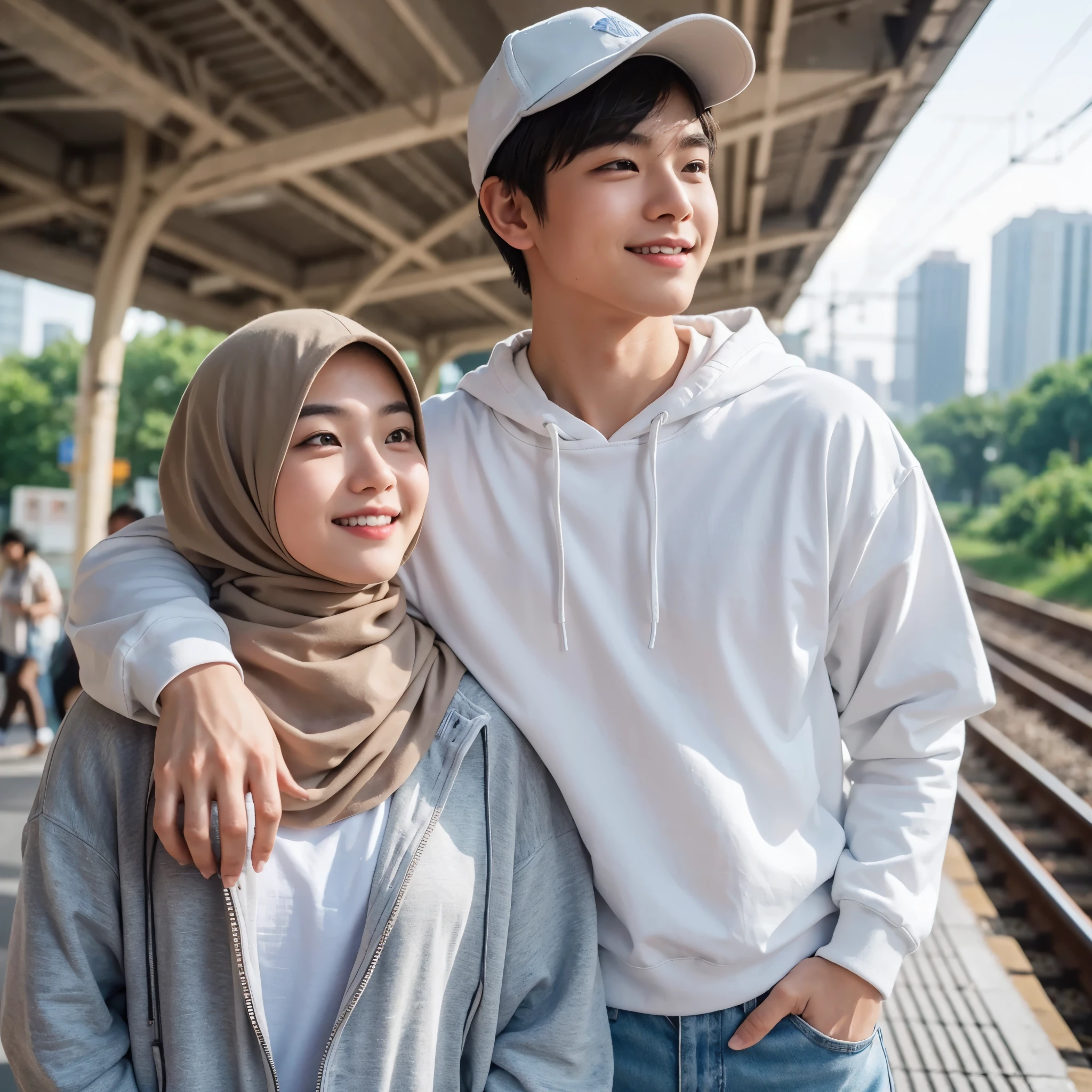 A young Asian man with short hair and an oval face, wearing a baseball cap and white sneakers, stands enjoying the evening scenery at a train station. He is accompanied by a chubby Asian woman wearing a hijab, long-sleeved white couple t-shirt, light blue street jeans, and white sneakers, with her head leaning on the man's shoulder, smiling. The photo is taken from the side, very realistic, captured by a Nikon 5200 camera, in the highest resolution, 8K UHD.