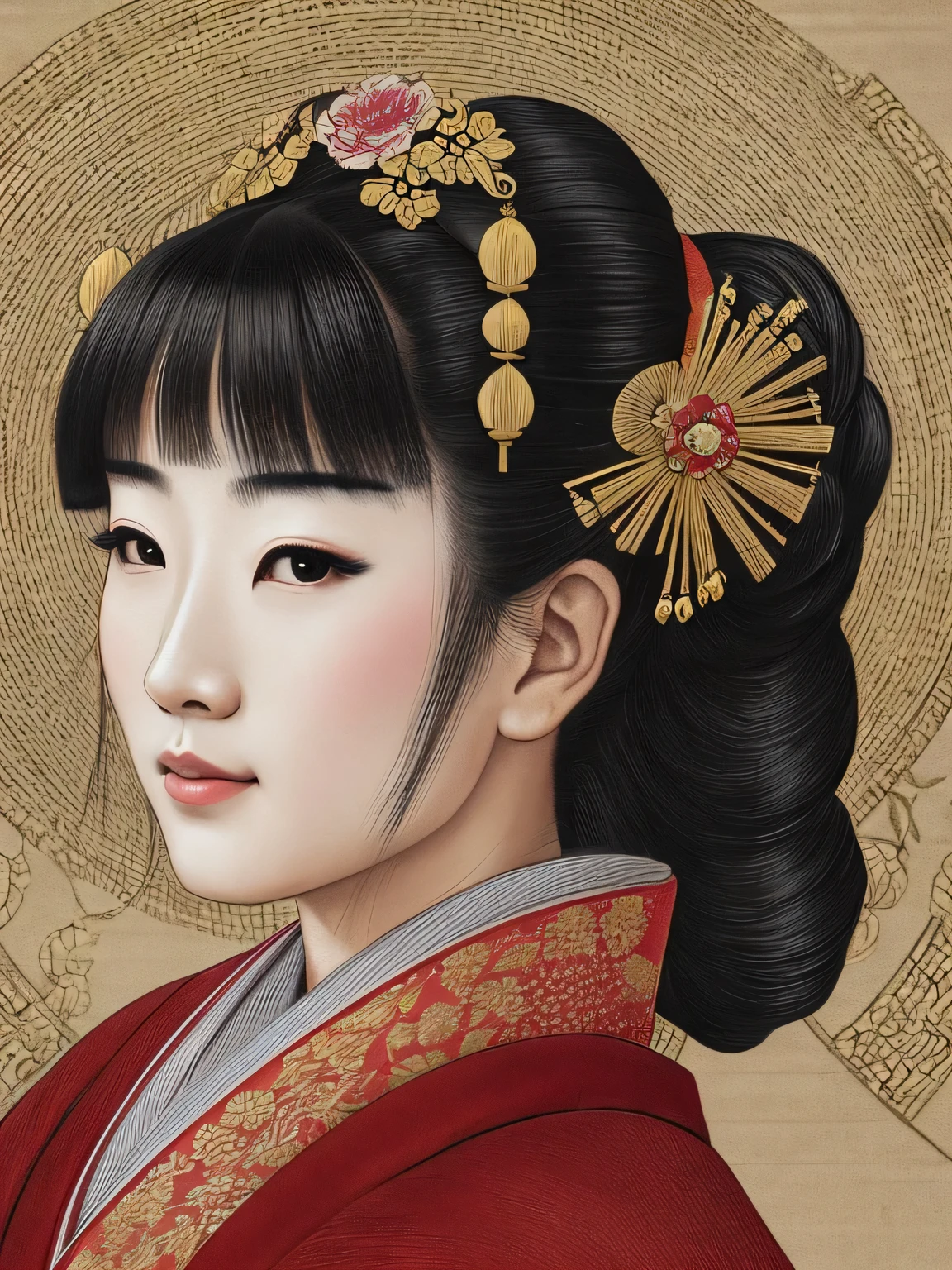 Japanese Geisha, feudal Japan portrait, high quality, realistic, faded image, lines