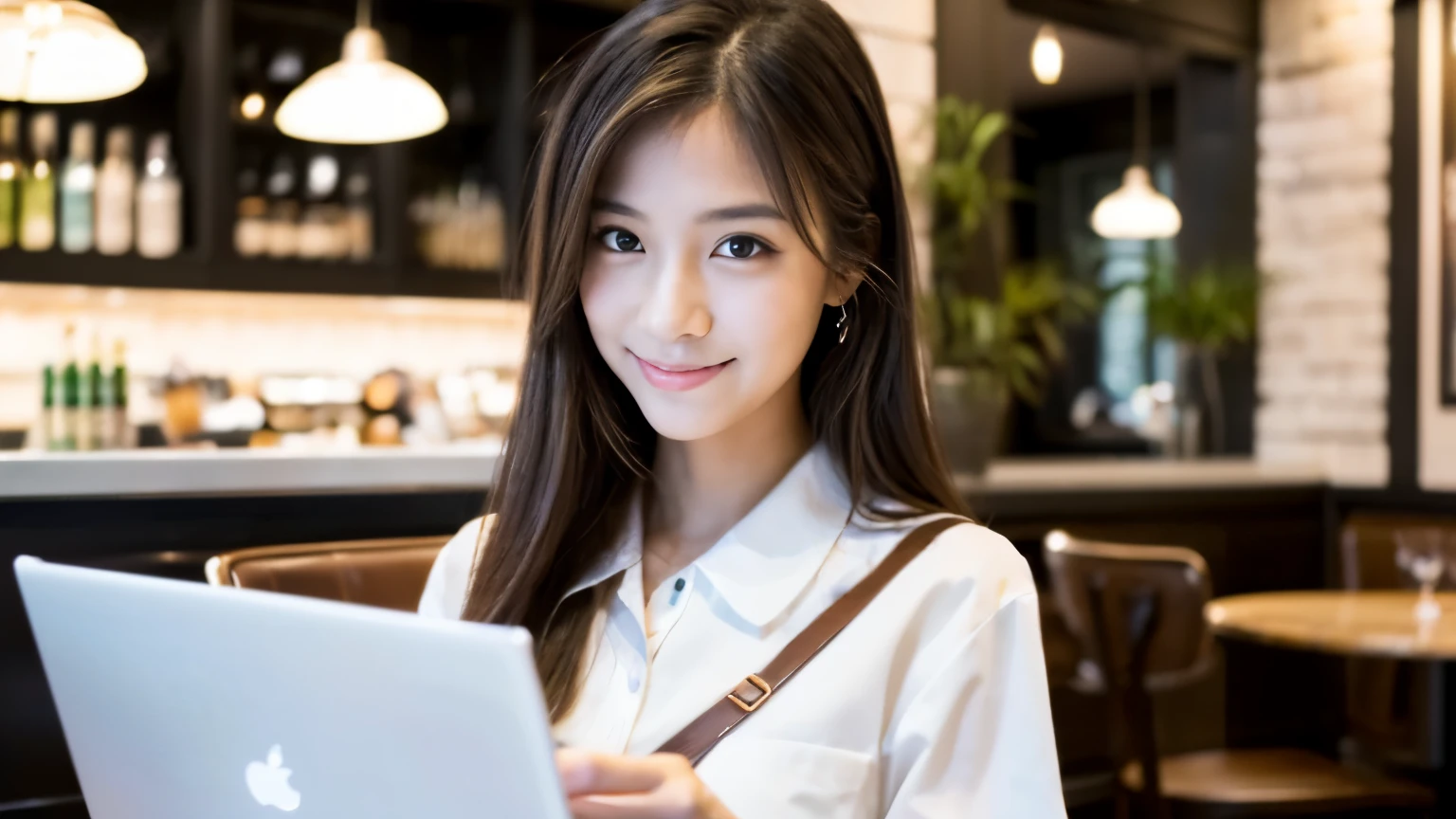 ((最high quality, 8k, masterpiece: 1.3)), perfect face,Inside a stylish cafe in New York、A scene where a beautiful woman like a model is drinking a latte and studying on a laptop.,everything around you, I see other customers enjoying themselves.。At the back of the cafe、Staff are busy working at the counter.、You can feel the vibrancy and stylish luxury of a city cafe.., sharp focus, 1 girl, sexy 1.2, , (big: 1.5), fine eyes, Beautiful eyes with slit length, double eyelid, (cat face), (cute Face), cute Smile, (close your mouth), (cute), soft skin, show the whole body, surreal, Super detailed, high quality, (Beautiful female college student studying in a cafe), ((詳細な非常にcute女子大生)), ((胸は隠れているけど服の上から解るぐらいbig胸)),Gaze at your boyfriend