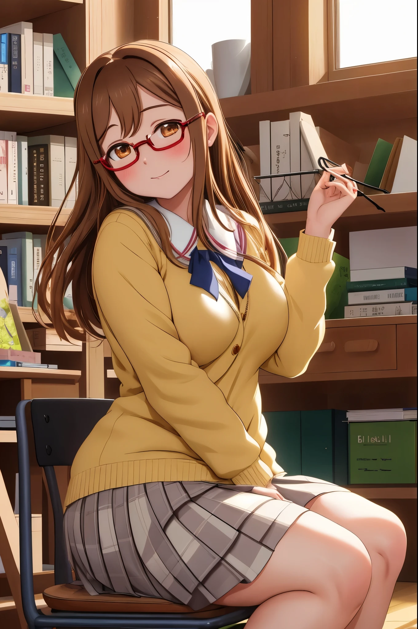 masterpiece, best quality,(kunikida hanamaru:0.999), (breasts:0.878),(brown hair:0.875), (looking at viewer:0.699), (big breasts:1.0), curvy body,blush, bangs, white school uniform, sitting in class,books, O-shaped glasses 