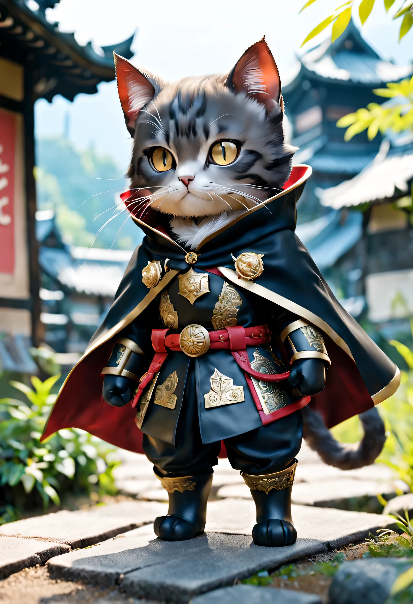 Full body Esbian、cute male round eyed cat 、Deformed animals、diorama、simple background、Shibuya Fashion、masterpiece, highest quality, Capture the cutest moments, written boundary depth, Super detailed, ultra high resolution, octadale, 8k, 16k、no hair、Wearing Oda Nobunaga&#39;all black armor、american shorthair、genuine、masterpiece、The background is inside the castle tower of a Japanese castle.、Wearing a black cloak、You can see a little of the red lining of the cloak..