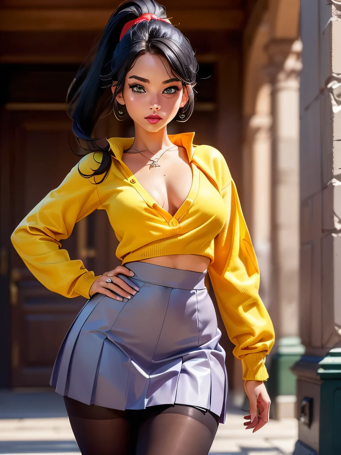 Masterpiece, ultra detailed, best quality, intrincated textures, 8k !( full body of beautiful girl with (green eyes) and ( black hair gathered in a ponytail), she has long eyelashes and red lipstick, she has a slim and athletic body, she wears a (yellow top with long sleeves and a low chest), she wears a (purple pleated miniskirt) and (pantyhose skin))