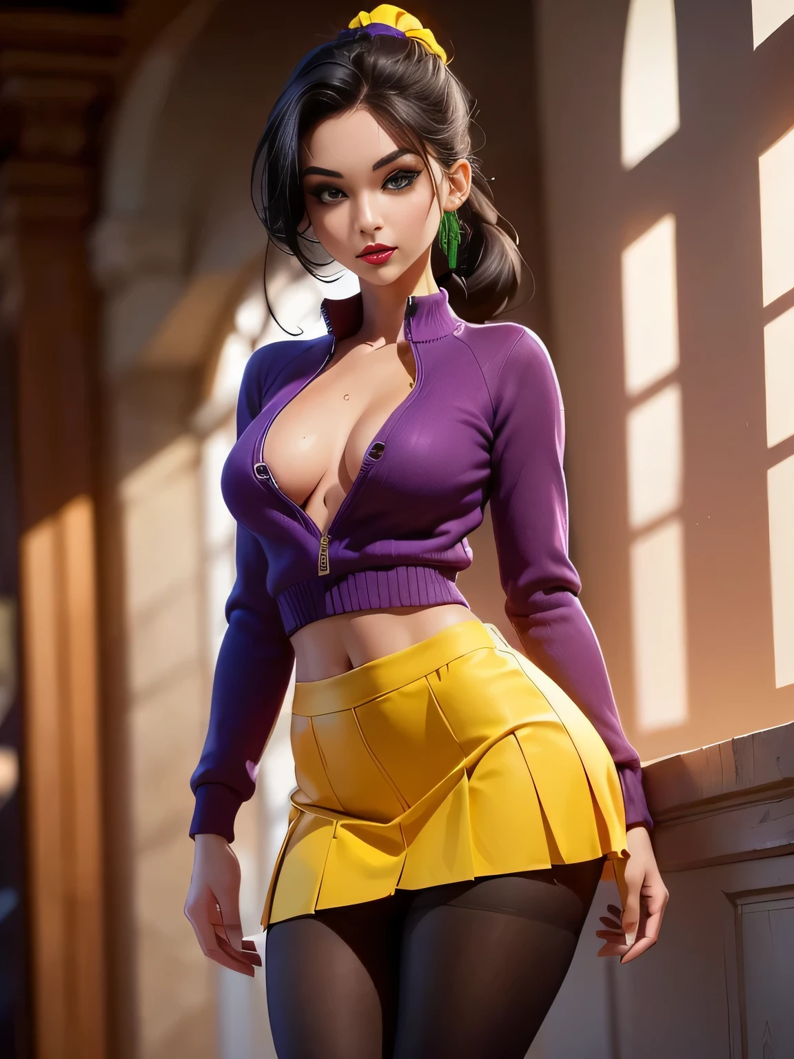 Masterpiece, ultra detailed, best quality, intrincated textures, 8k !( full body of beautiful girl with (green eyes) and ( black hair gathered in a ponytail), she has long eyelashes and red lipstick, she has a slim and athletic body, she wears a (yellow top with long sleeves and a low chest), she wears a (purple pleated miniskirt) and (pantyhose skin))