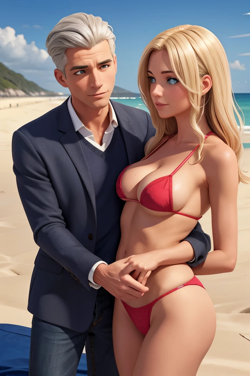 a gray hair man fuck a blond woman, on the beach