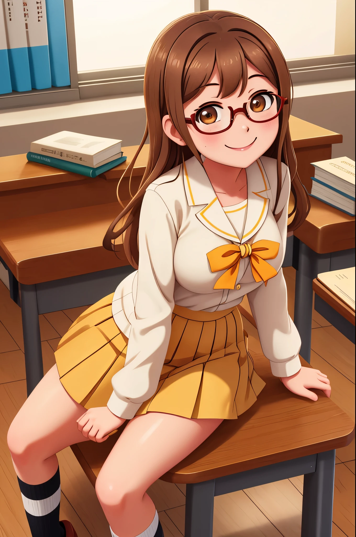 masterpiece, best quality,(kunikida hanamaru:0.999), (breasts:0.878),(brown hair:0.875), (looking at viewer:0.699), (big breasts:1.0), smile, bangs, white school uniform, sitting in class,books, black frame glasses 