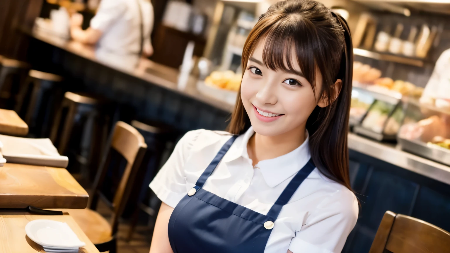 ((最high quality, 8k, masterpiece: 1.3)), perfect face,This is a full-length portrait of a beautiful model-like woman working in a miniskirt and apron at a cafe where uniforms are characterized by ., sharp focus, Sexy 1.2, , fine eyes, Beautiful eyes with long slits, double eyelid, (cat face), (cute Face), cute Smile, (close your mouth), (cute), soft skin, Show the whole body, surreal, super detailed, high quality, (Beautiful college girl working as a waitress in a cafe), ((詳細な非常にcute女子大生)), ((My breasts are hidden but big enough to be seen through my clothes)),A look and a smile as if staring at her boyfriend,An angle where you can see her beautiful thighs from under the apron and miniskirt