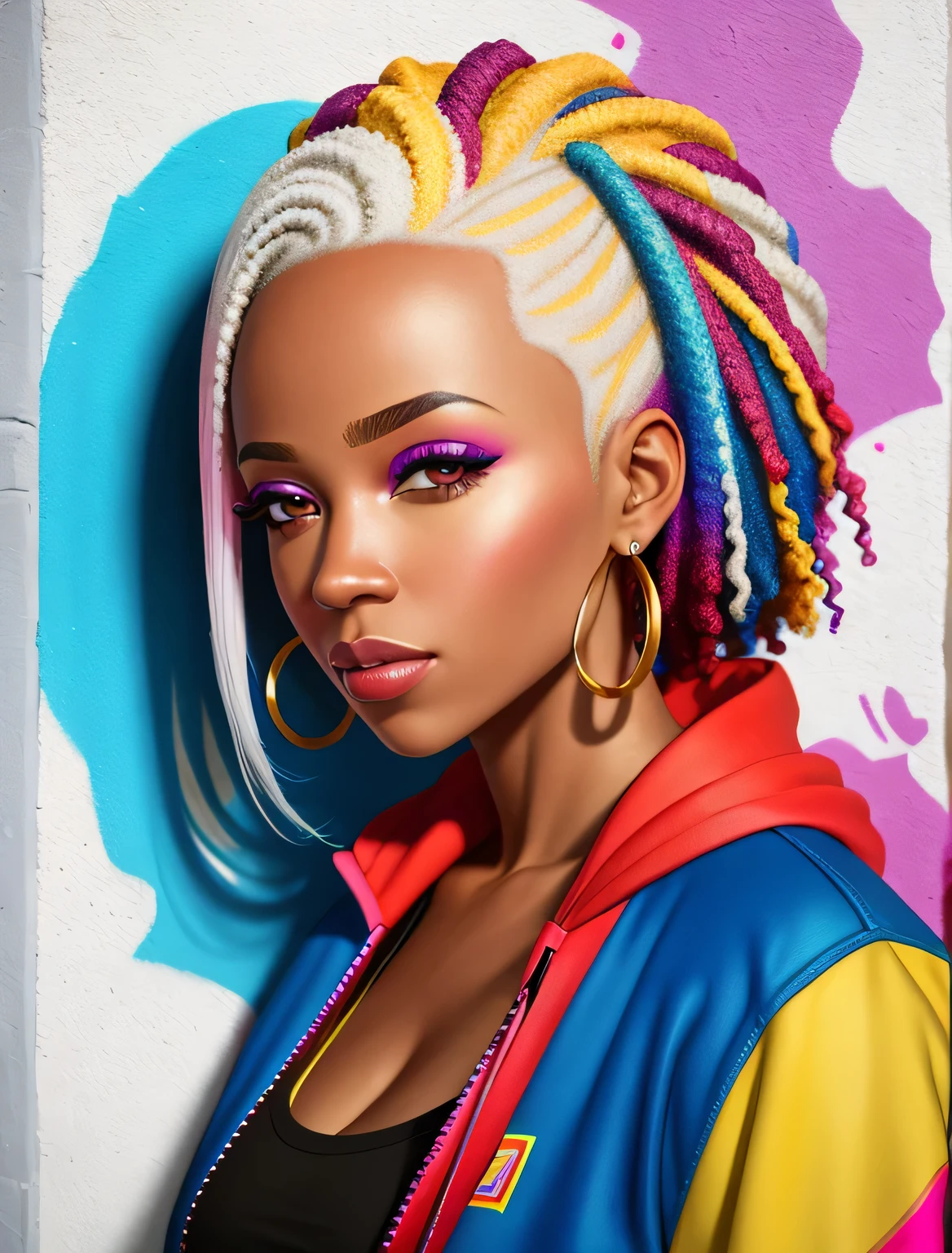 Graffiti painting, street art, 16k extremely detailed CG unit wallpaper, 16k landscape, artwork, masterpiece, best quality, amazing light strokes, of an African American woman with platinum hair in graffiti style on a white wall with vibrant colors.