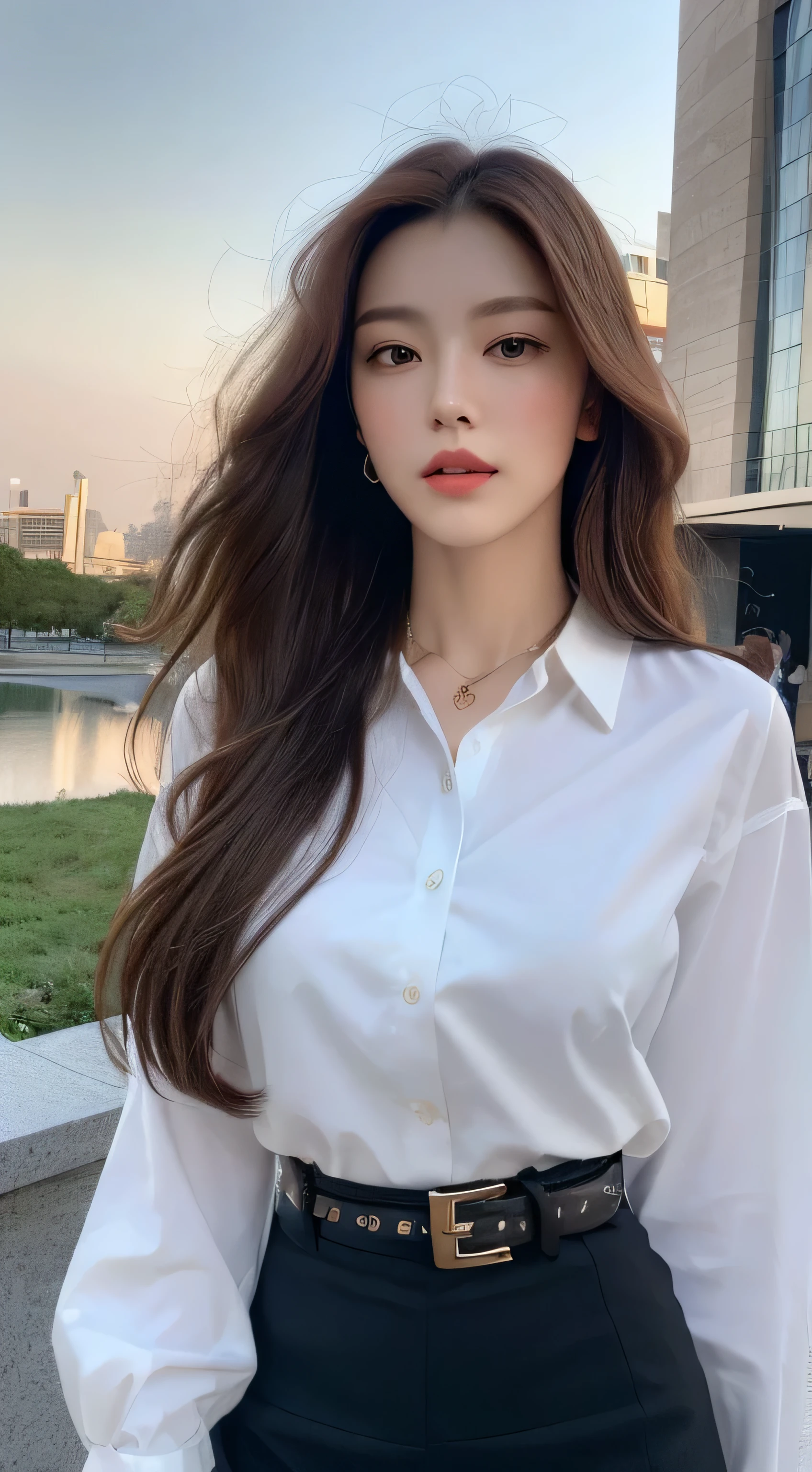 (Best quality, High resolution, Masterpiece :1.3), A tall and pretty woman, Slender abs, Dark brown hair styled in loose waves, Breasts, Wearing pendant, White button up shirt, Belt, Black skirt, (Modern architecture in background), Details exquisitely rendered in the face and skin texture, Detailed eyes, Double eyelid
