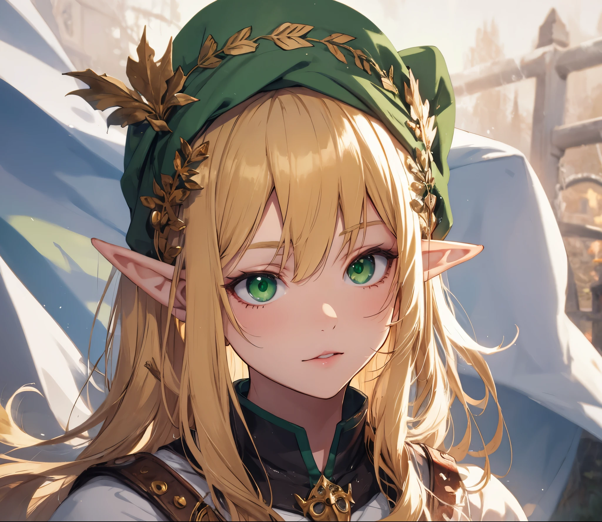 Please change the image to an elf with blonde hair and green eyes.
