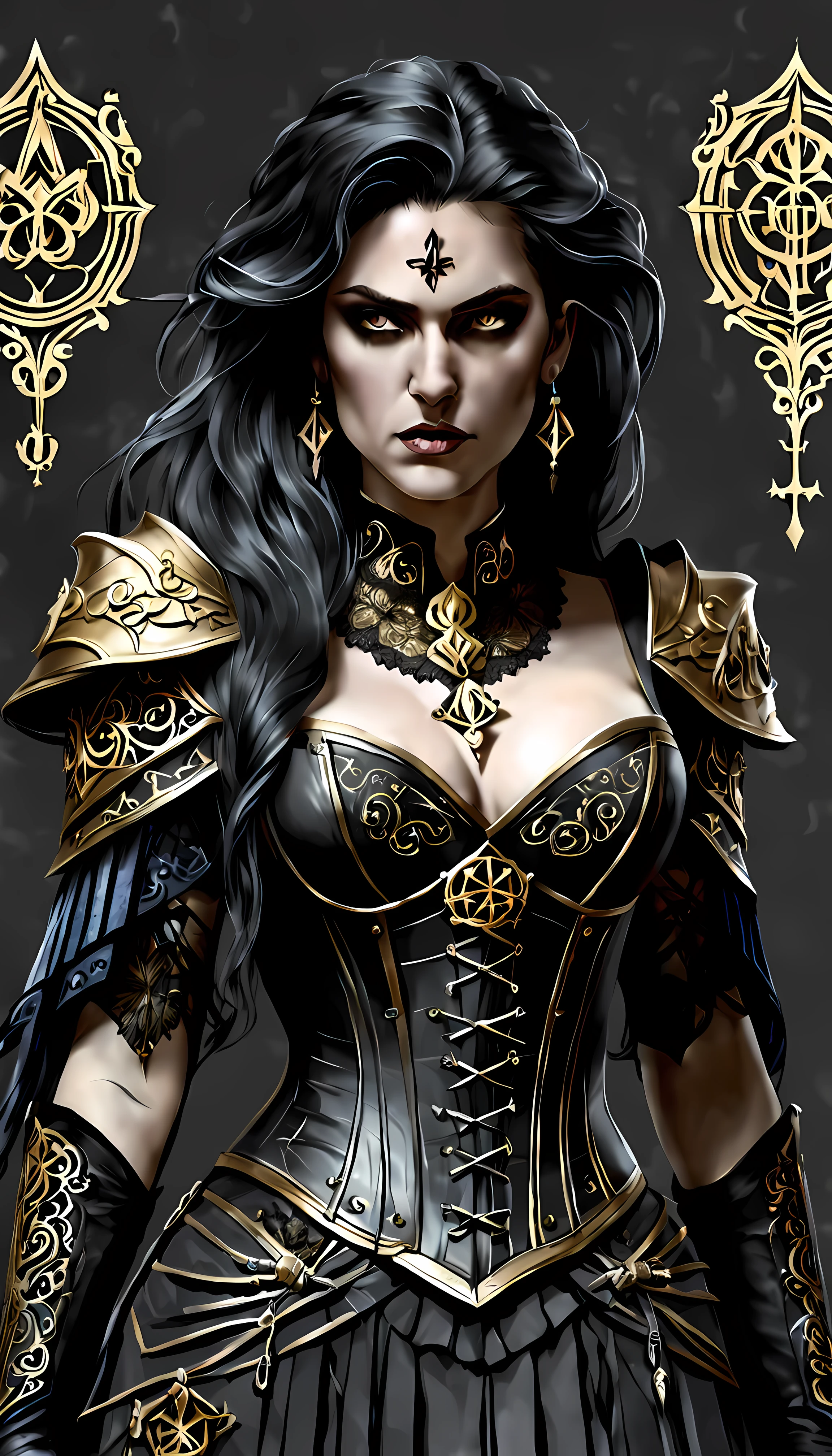 sketch_sheet, front view of menacing Lysandra, an alluring necromancer with with flowing hair and vivid eyes, her attire consists of a fitted high-collared corset with intricate lace-up details, flowing skirt with mystical symbols, fingerless gloves, pendant, mysterious aura of dark elegance, golden ration, sharp focus, dynamic, cinematic, magical, masterpiece in maximum 16K resolution, superb quality. | ((More_Detail))