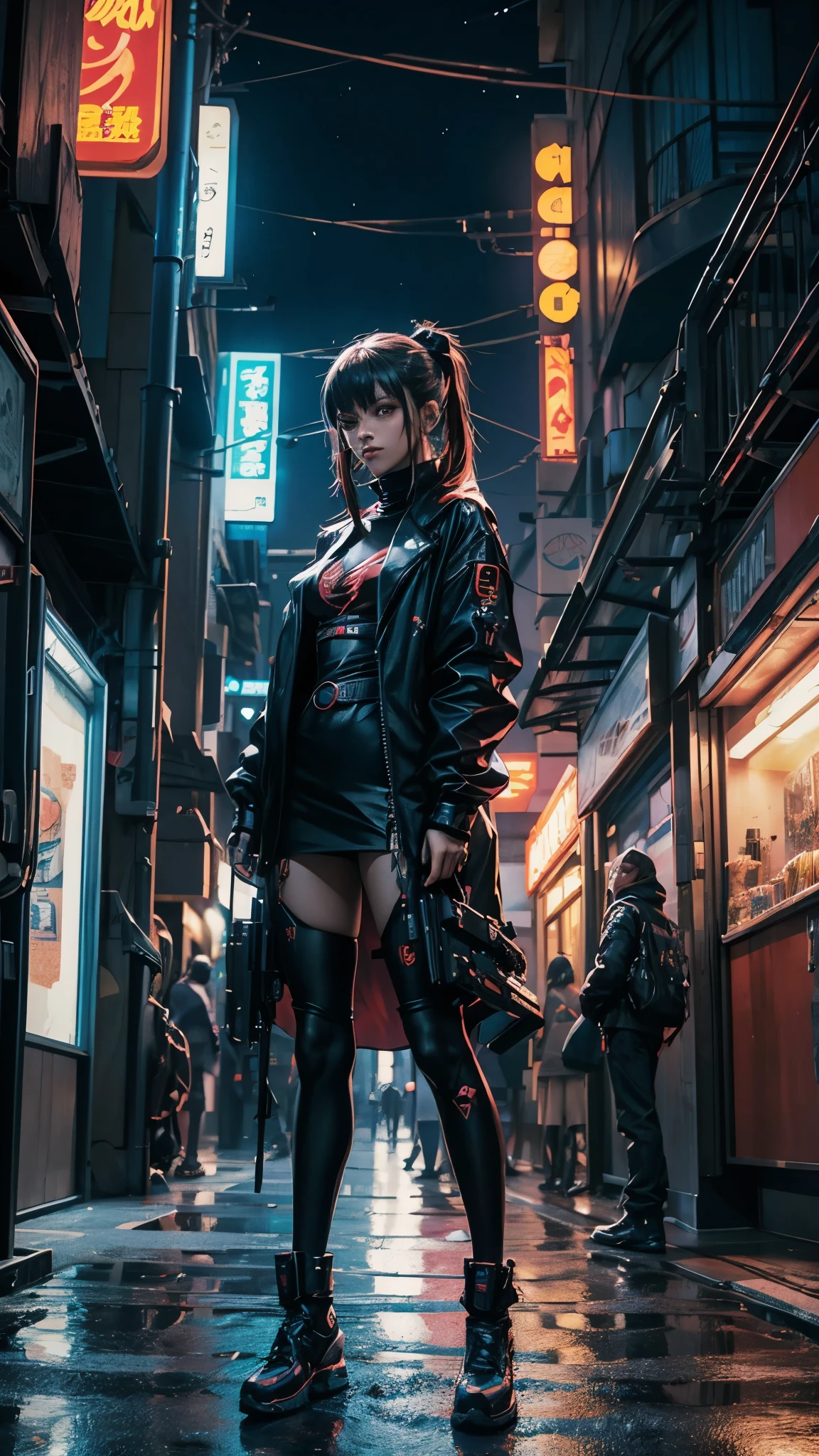 Modern simulation，Adote um ambiente de anime grande angular，Chaotic nighttime arcade shooting; Uma mulher vestida com roupas de rua;science-fiction. arte de linha. Arte Arcade Ambiental.，perssonage cyber punk