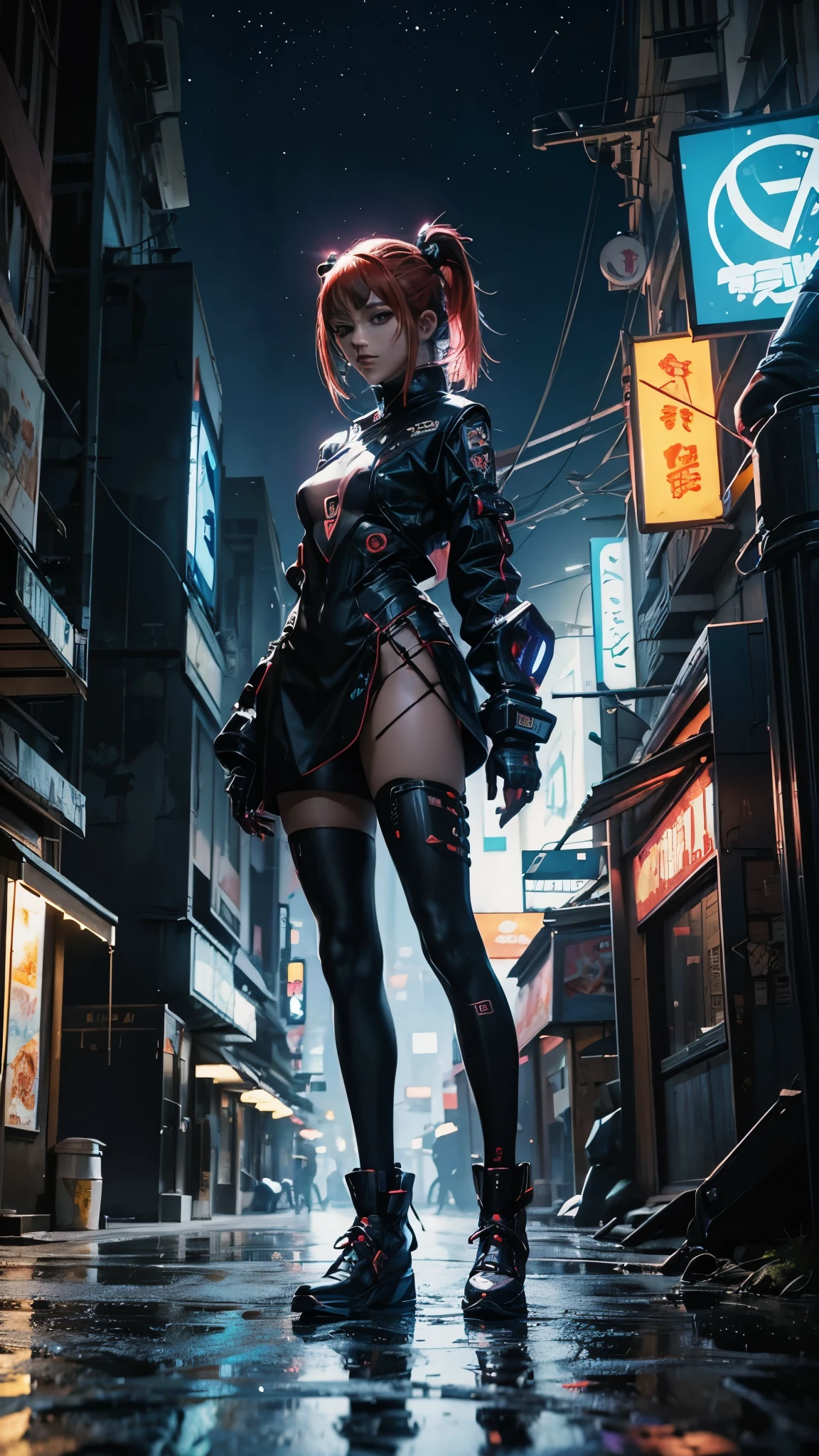 Al、tits out、Cyberpunk、cleavage of the breast、Beautifully shaped breasts、Beautiful raw boob shapes、Cyberpunk Girls、tits out、Overexposed、Cyber City、Back lighting、a moon、Moon Night、nightcity、((top-quality)), ((masterpiece)), (high-detail:1.3),mechanical suit、Near Future Cyber Suit、cybersuit、erotic costume、bustup、high-angle、Kamimei、Raw feet、legs with exposed skin、Red Short、Redhead Short Bob、Red-haired、Sit up