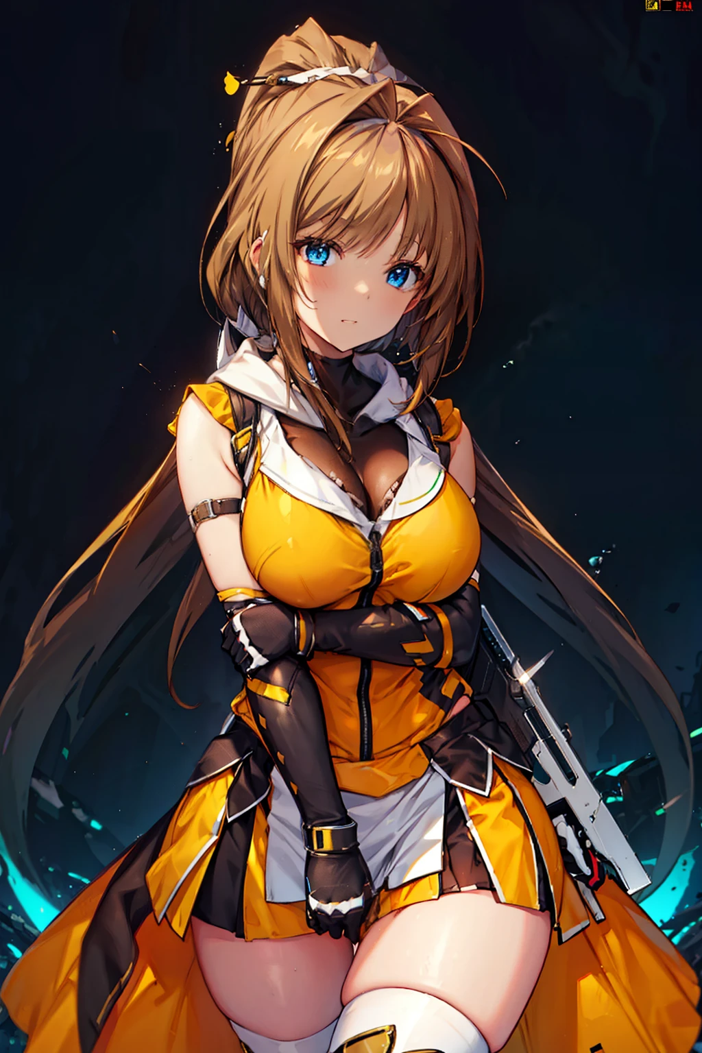 (ultra extreme detail masterpiece), (hyper extreme), CG, (colours:1.2), Beautiful lighting, Light from the front, Solo, takamori_Haruka, Blue eyes, Brown hair, shairband, yellow dress, white thigh-highs, White skirt, Black slit sleeves, zxcrx